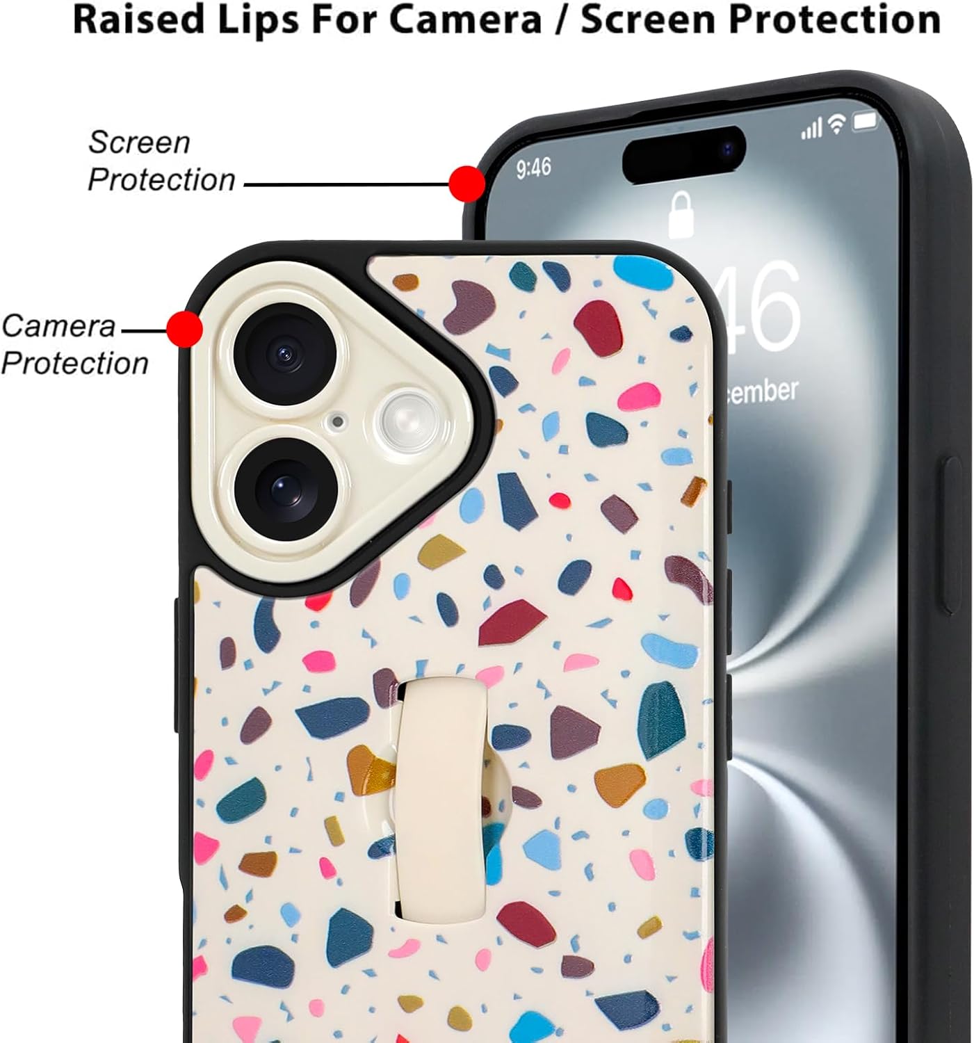 SAKUULO for iPhone 16 Case with Finger Hand Strap Kickstand, Cream Terrazzo Print Pattern Phone Case for Women Men, Strengthen Protection Cover, Cream Terrazzo (6.1") - Image 6