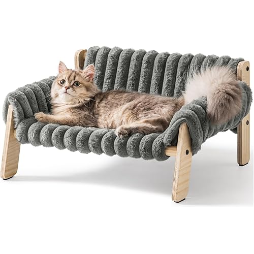 MEWOOFUN Cat Couch Bed, Pet Sofa for Indoor Cats Wooden Indoor Elevated Cat Beds with Removable Mattress Cover Suitable for Kitty, Puppy or Small Animal (Dark Grey, Medium)