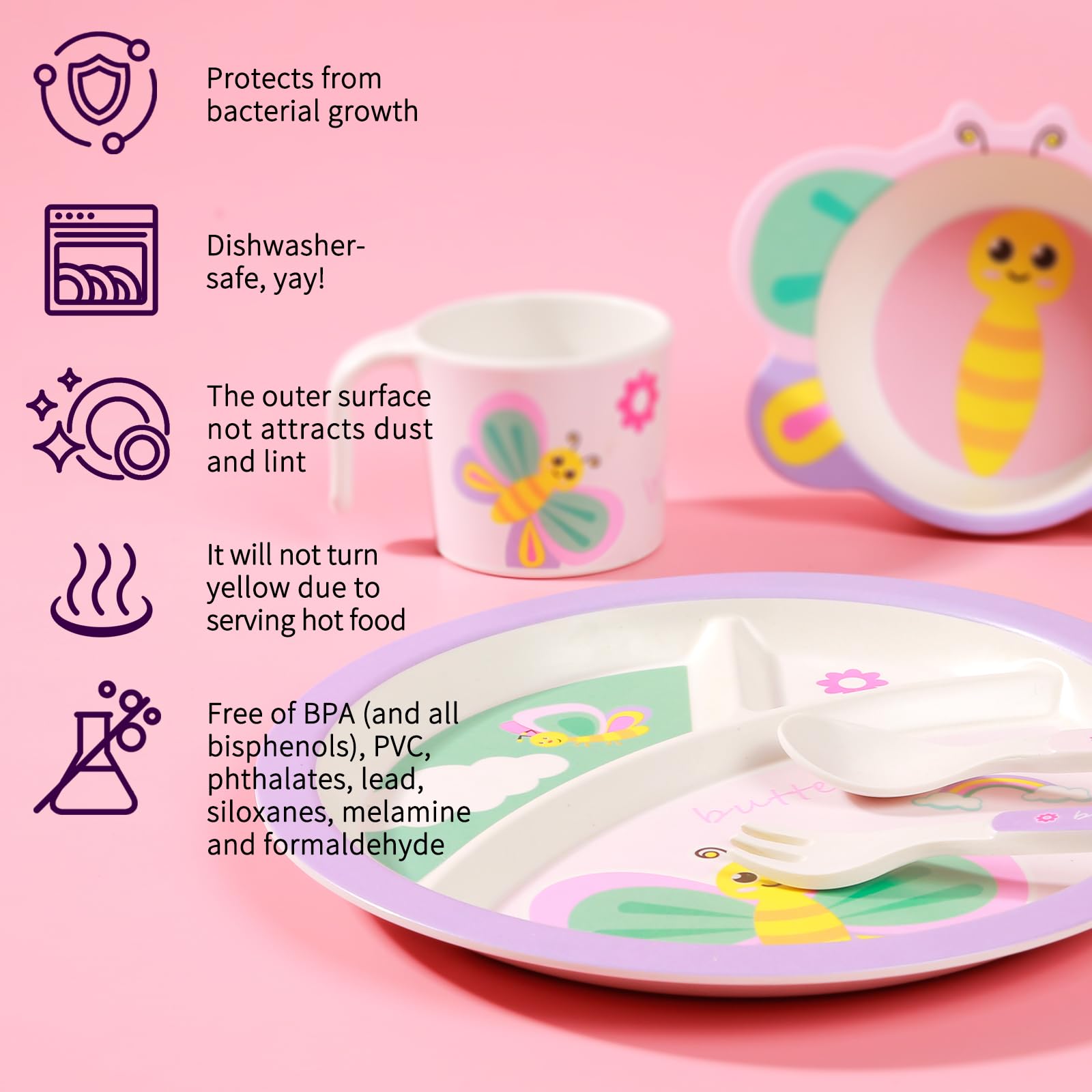 PHEENOWL Kids Dinnerware Set, Includes Toddler Plate Bowl Tumbler and Utensils, BPA Free Bamboo Fiber Material Perfect for Little Girls ()