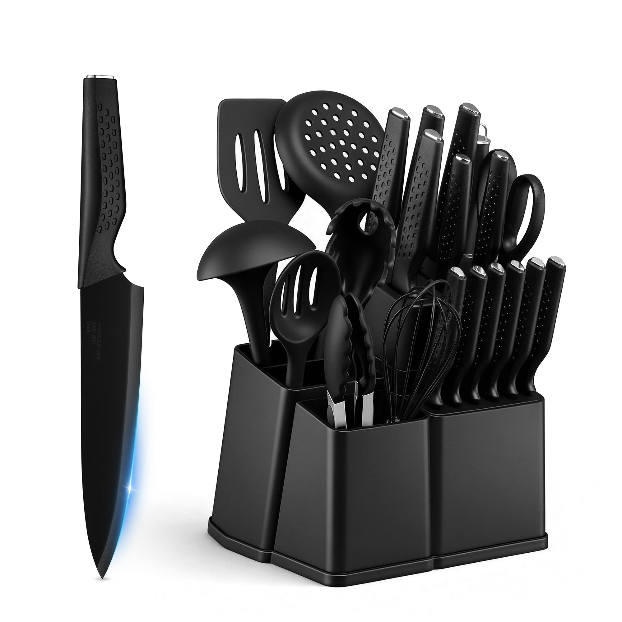 Onader Messerblock mit Messer Set, 22-teiliges Edelstahl Messerset und Silikon Küchenutensilien mit Block, Scharfe Küchenmesser Set mit Wetzstahl, Profi Kochmesser mit Küchenhelfer für Kochen, Schwarz