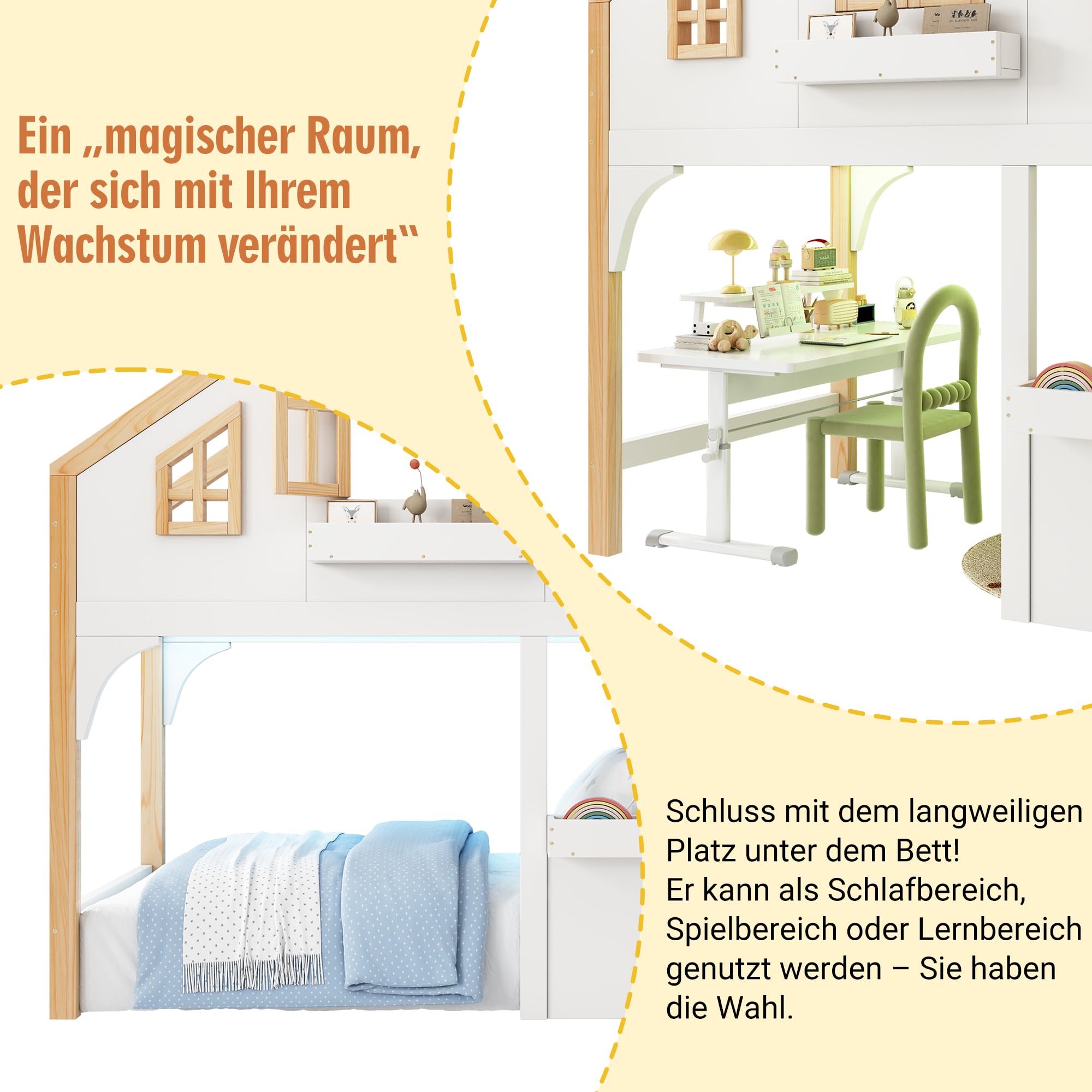 Haus-Etagenbett Kinderbett 90x200 cm mit LE/D Funktionen, Innovativer Stauraumtreppe, Fantasievollem Fenster-Design, Holz + MDF, Geeignet für 2 Kinder, Weiß + Natur