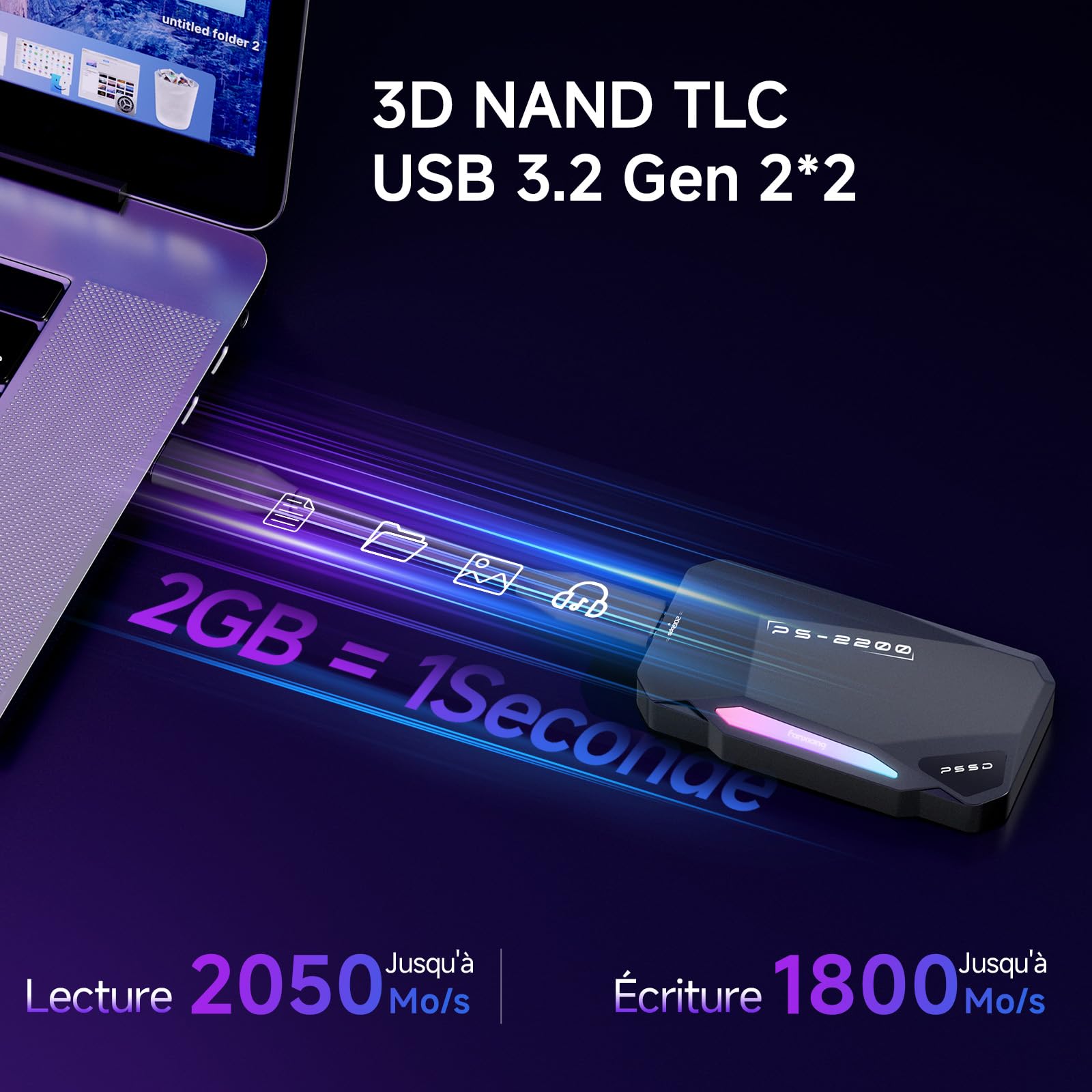 fanxiang 2To SSD Externe Magnétique, Jusqu'à 2050Mo/s, USB 3.2 Gen2 USB-C, SSD Portable avec RGB LEDs, 4K ProRes HDR, Disque Dur Mémoire Externe pour iPhone15/16, Android/PC/Mac-PS2200