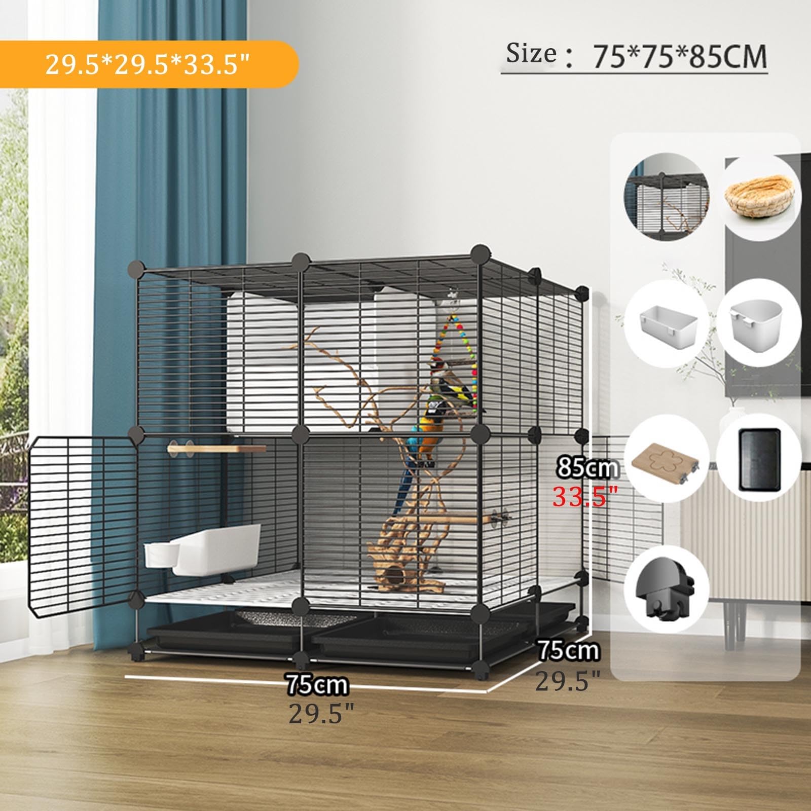 Jaula para periquitos, cacatúas y agapornis: diseño Espacioso con Bandeja, comedero y Plataforma, fácil de Mover, Ideal para Loros y Palomas (75x75x119cm)