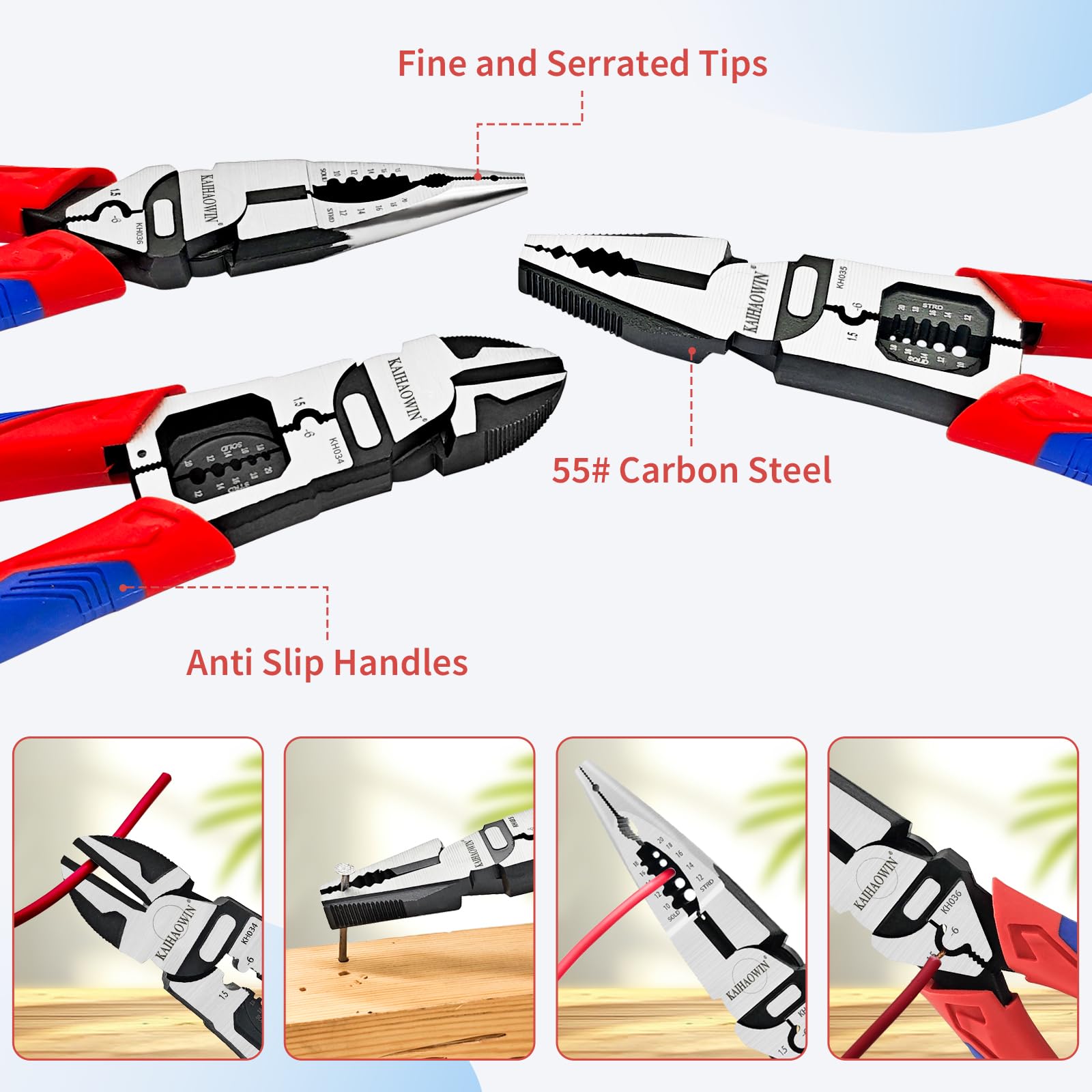 KAIHAOWIN 6-Piece Tool Set including Case, 8.8” Long Nose, 8.8” Linesman, 8” Diagonal, 6“ Adjustable Wrench, 5” Needle Nose - Image 3