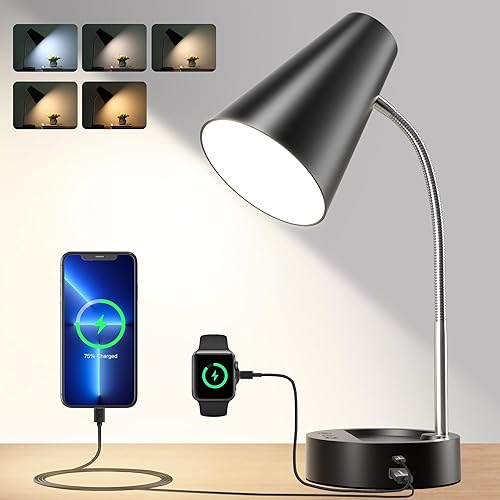 RUNTOP Desk Lamp, Black Desk Lamps for Home Office, LED Desk Light with USB Port and Type C Port, 5 Brightness Levels, 5 Color Temperatures, Flexible Gooseneck Desk Lamp, Table Lamp for Reading Study