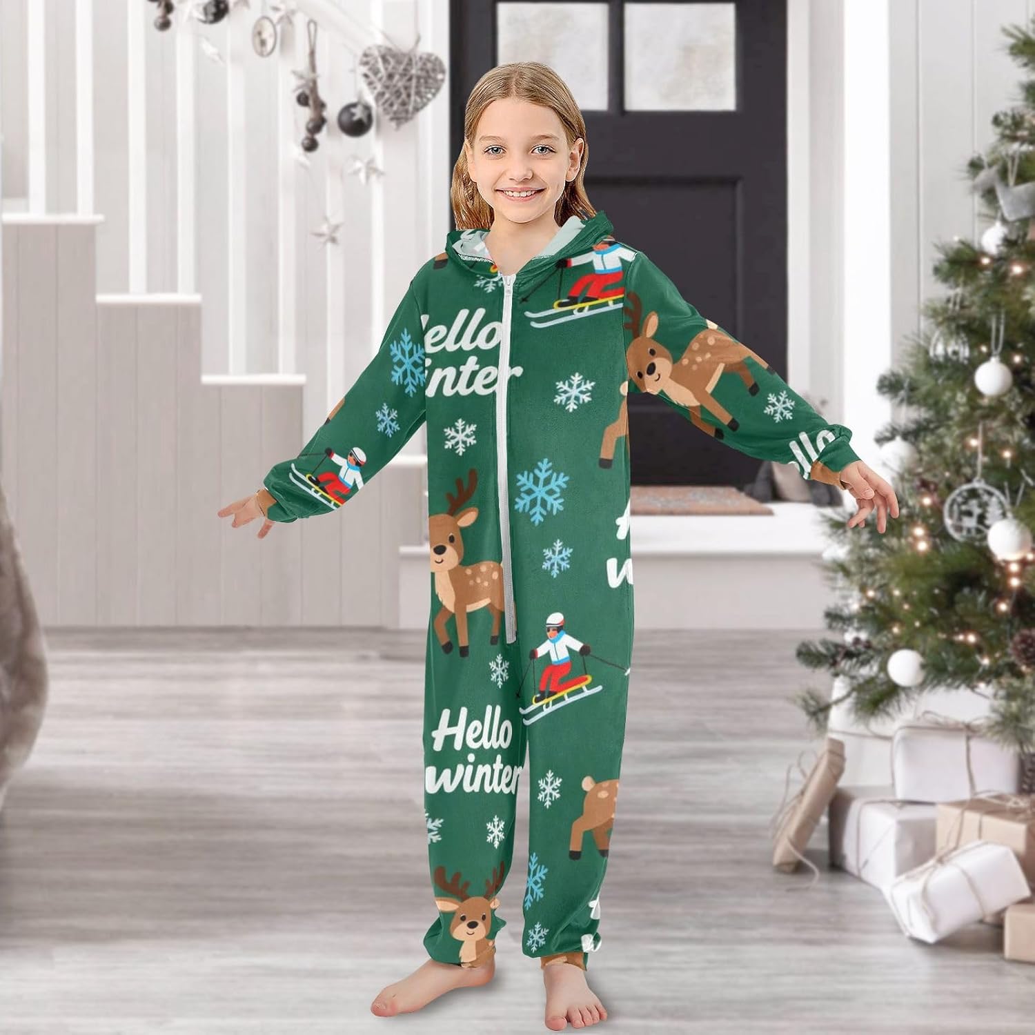 Unisex Onesie Zip Up Hooded One-Piecing Loungewear Sleepwear for Christmas Home 4-14Y