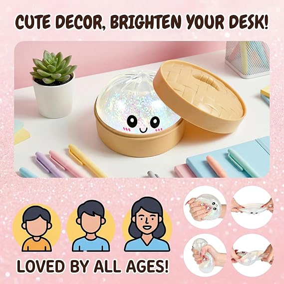Dumpling Fidget Toy, Glitter Squishy Bao Bun Stress Ball, Colorful Dumplings Mystery Box, Cute Soft Slow Rising Sensory Squeeze Toy for Anxiety Gifts for Kids and Adults