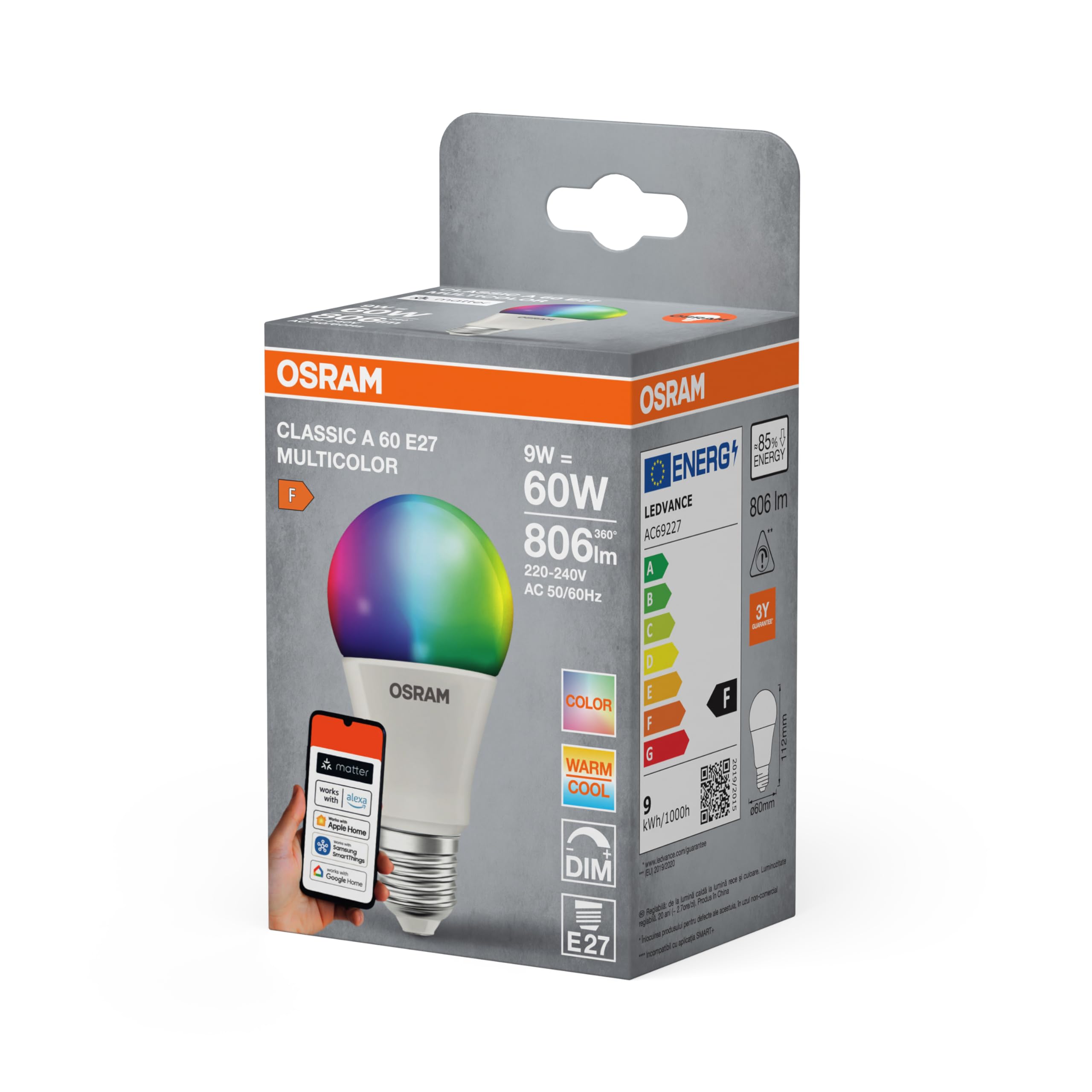 OSRAM SMART+ RGBW, lámpara LED E27 con Matter over Wifi, especialmente | , LED Lamps, 60.00 Millimetres dia, , Paquete de 4