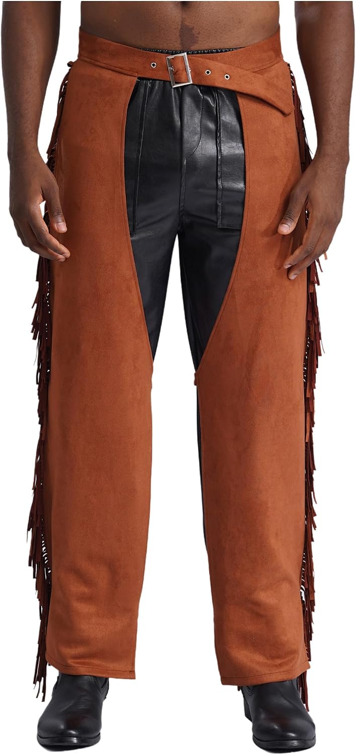 YiZYiF Mens Suede Fringe Cowboy Chaps Tassels Cowboy Western Pants Riding Biker Vintage Chap Pants