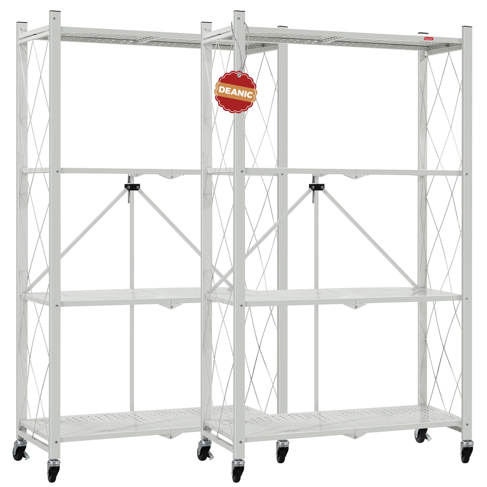 DEANIC 4 Tier Foldable Storage Shelves with Wheels, Large Capacity Shelving Unit, Freestanding Metal Wire Shelf Rack, No Assembly Organizer Rack for
