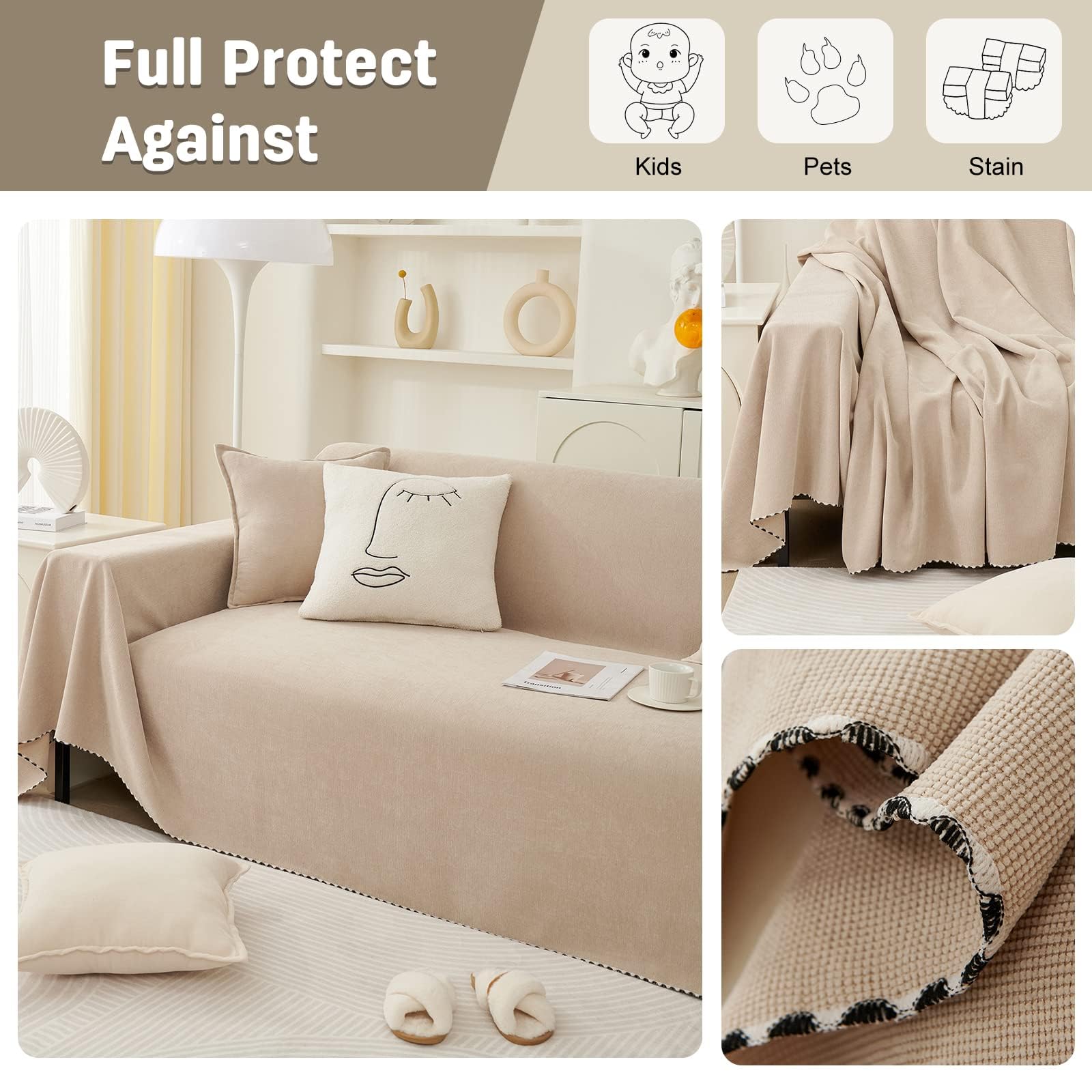 Copridivano Elasticizzato Antiscivolo In Ciniglia, Colore Tè Latte, 180x340 Cm, Universale Con Nappe – Protegge Il Divano Da Macchie E Peli Di Animali - 2
