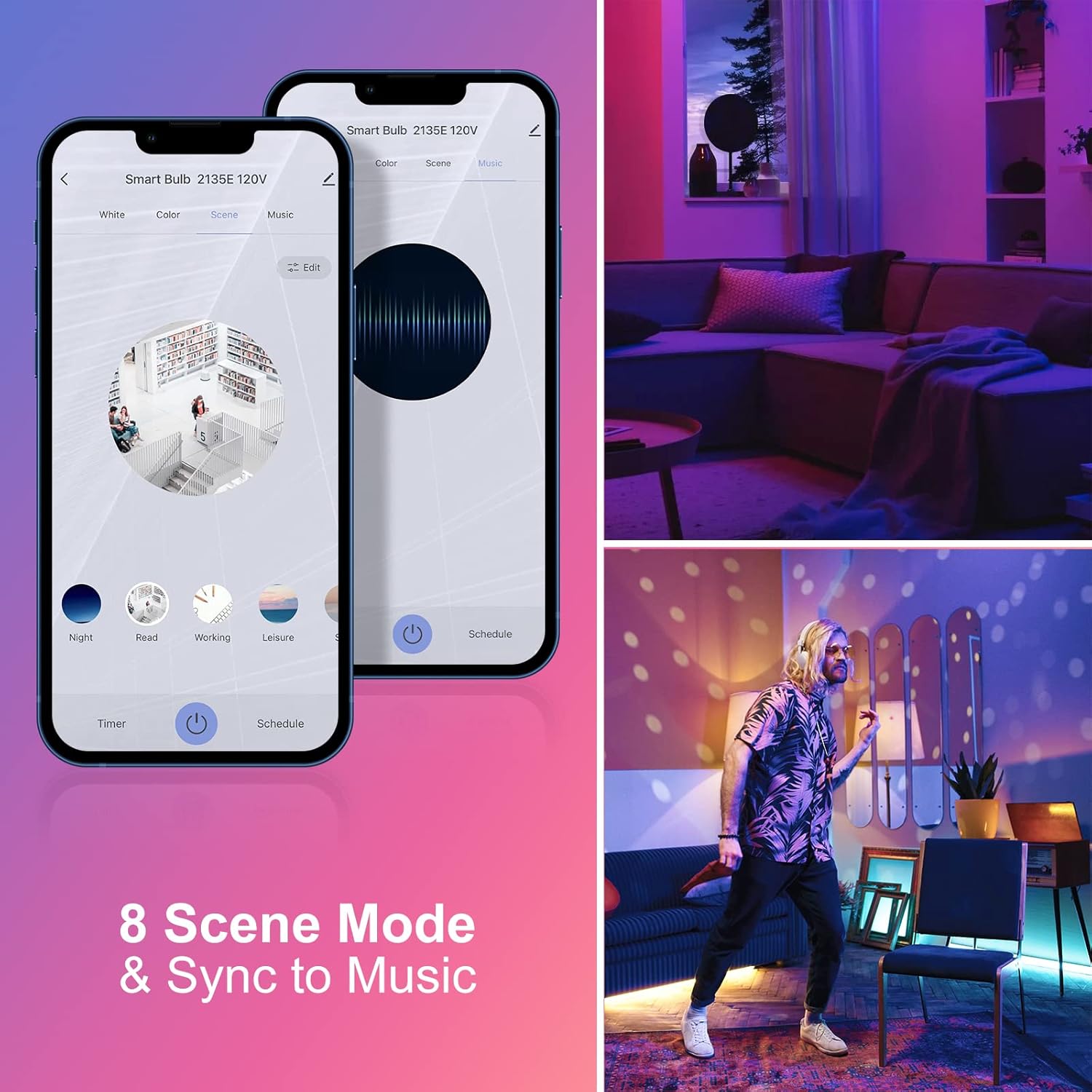 Phone screens showing 8 scene modes and music sync feature, with lifestyle images of a room lit with purple light and a person dancing in a disco-lit room.