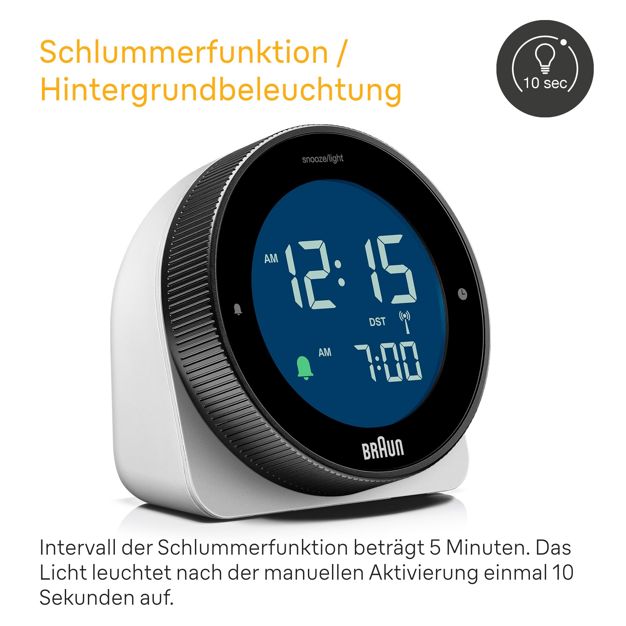 Braun digitaler Funkwecker für die mitteleuropäische Zeitzone (DCF) mit Schlummerfunktion, umgekehrtem LCD-Display, drehbarer Lünette für schnelle Zeiteinstellung, Piepton-Alarm in Weiß, BC24W-DCF