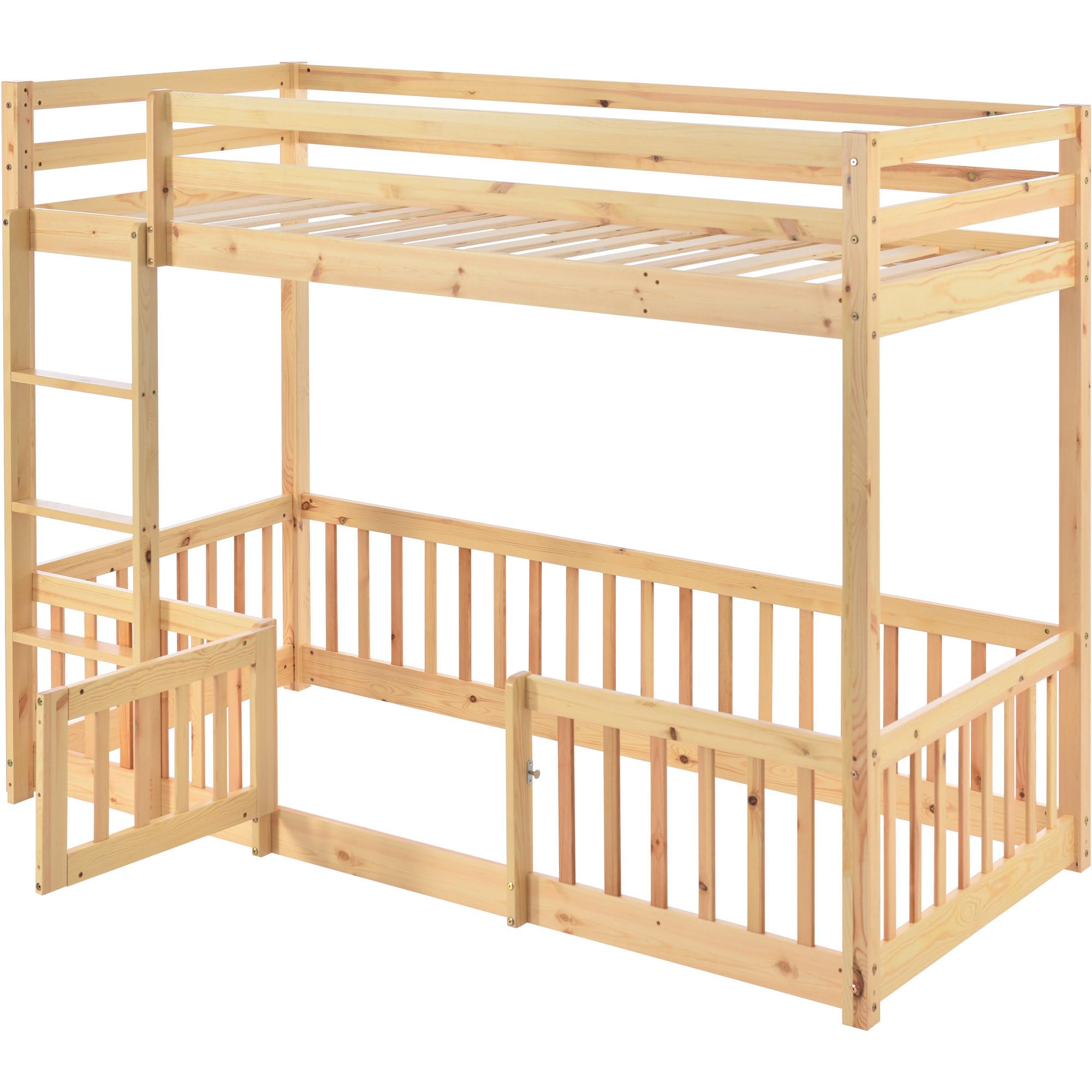 Łóżko domek 90 x 200 cm, łóżko piętrowe dla dzieci ze schodami pod kątem prostym, łóżko z płotami i drzwiami, łóżko dla dzieci z zabezpieczeniem przed upadkiem i kratką, lite drewno,Naturalcolor
