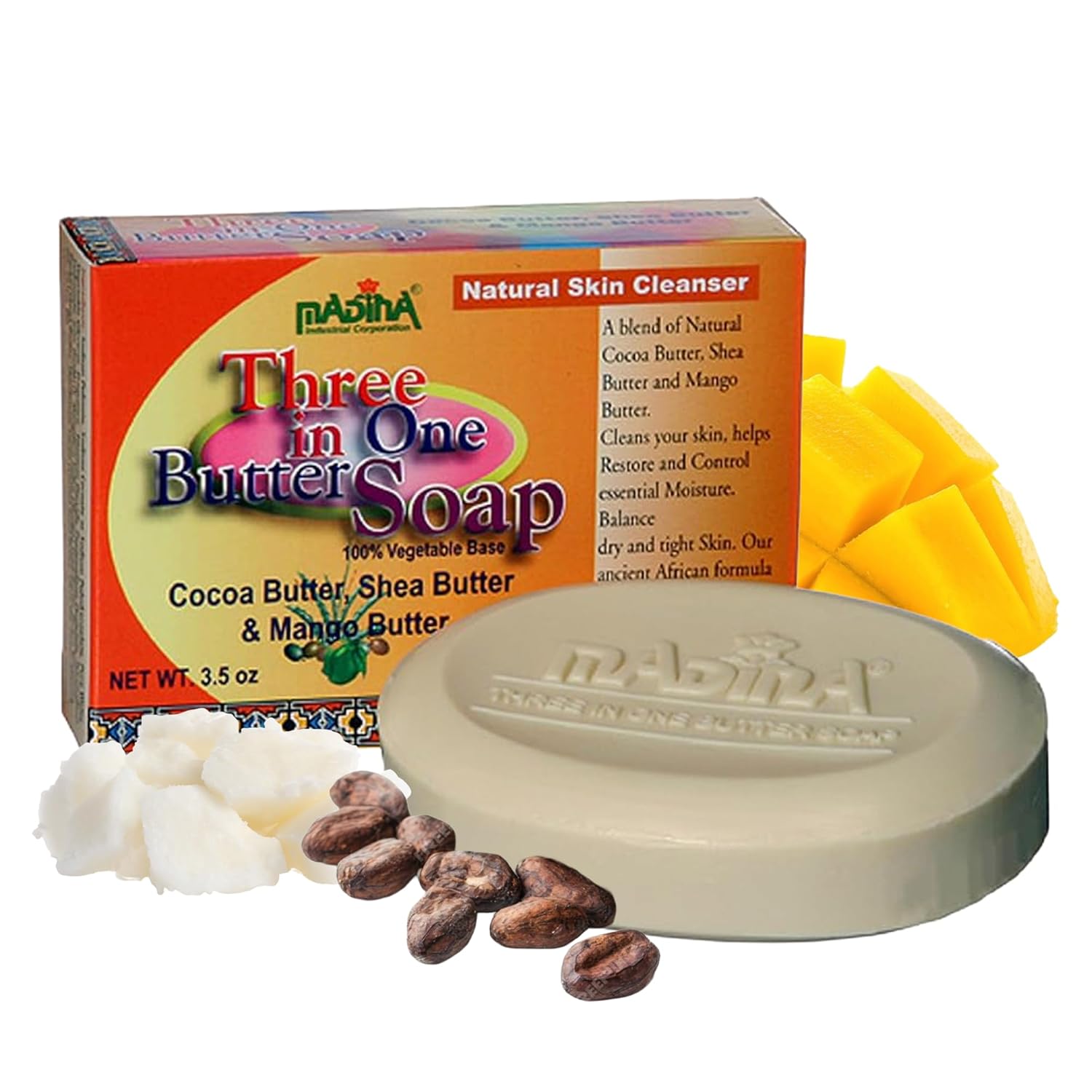 Madina 3-in-1 Butter Soap Bar – Cocoa, Mango & Shea Butter, Moisturizing, Nourishing, Vegetable-Based, Halal, Gentle Cleanser for All Skin Types, 6 Pack (3.5 oz Each)