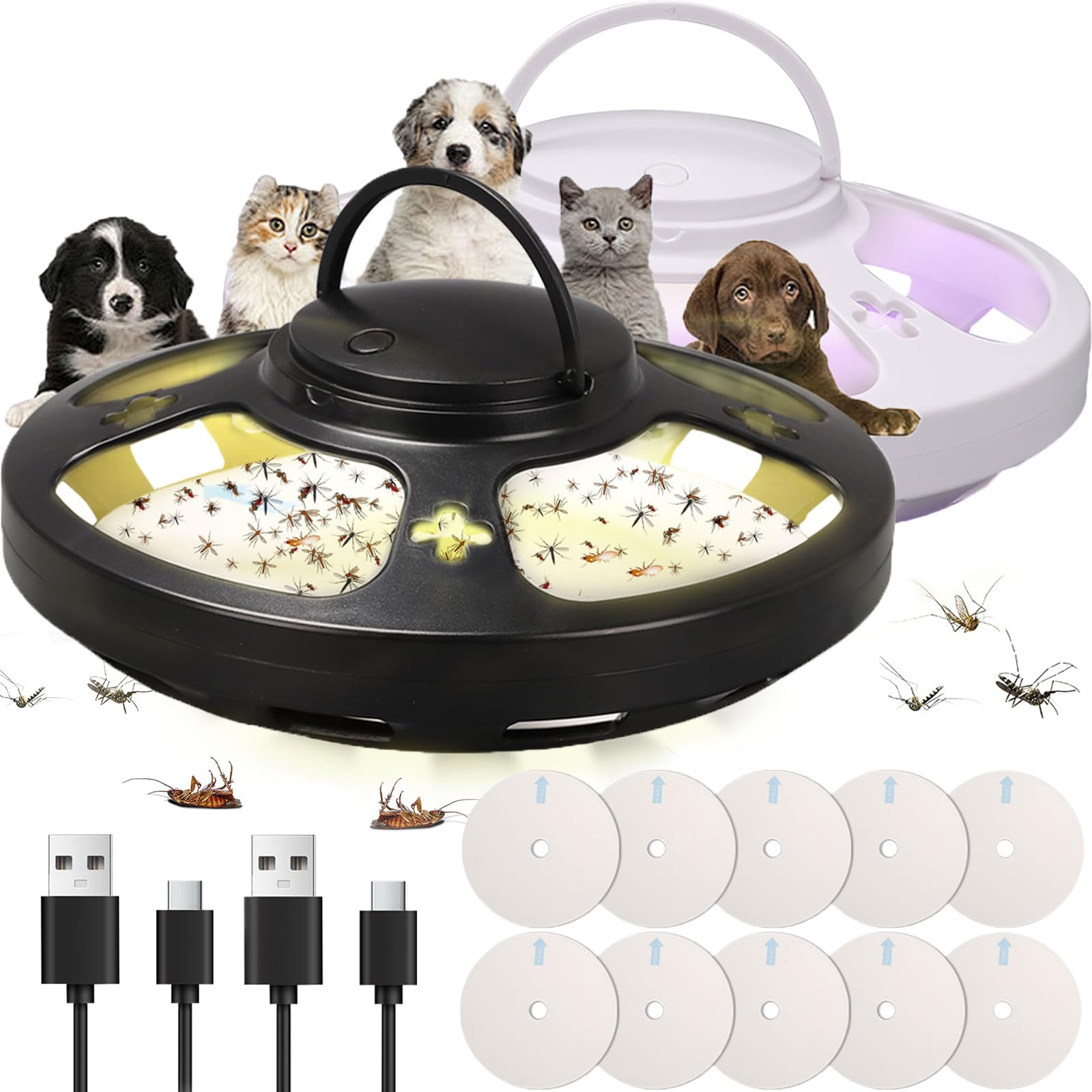 2 Pack Flea Traps for Home, Flea Light Trap with 8 Stickers and 6 LED Bulbs, Flea Lamp Traps for Home, Natural Flea Catcher Light for Bedding, Carpets (Style C)