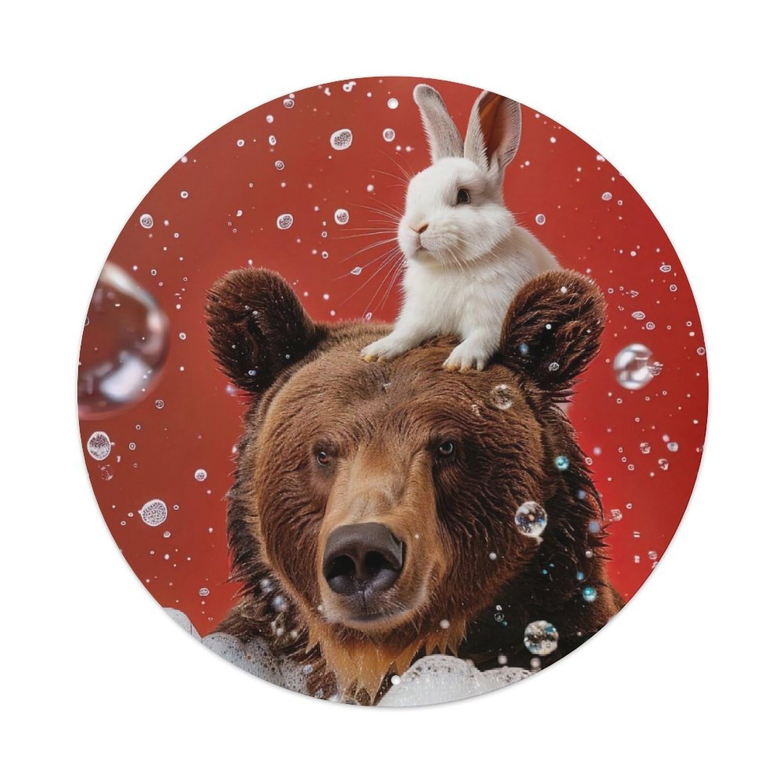 Animal Poster Bubble Bear And Rabbit Vintage Metal Tin Sign Plaque Wall Decor for Cafe, Club, Garden Round Metal Poster 8x8Inch