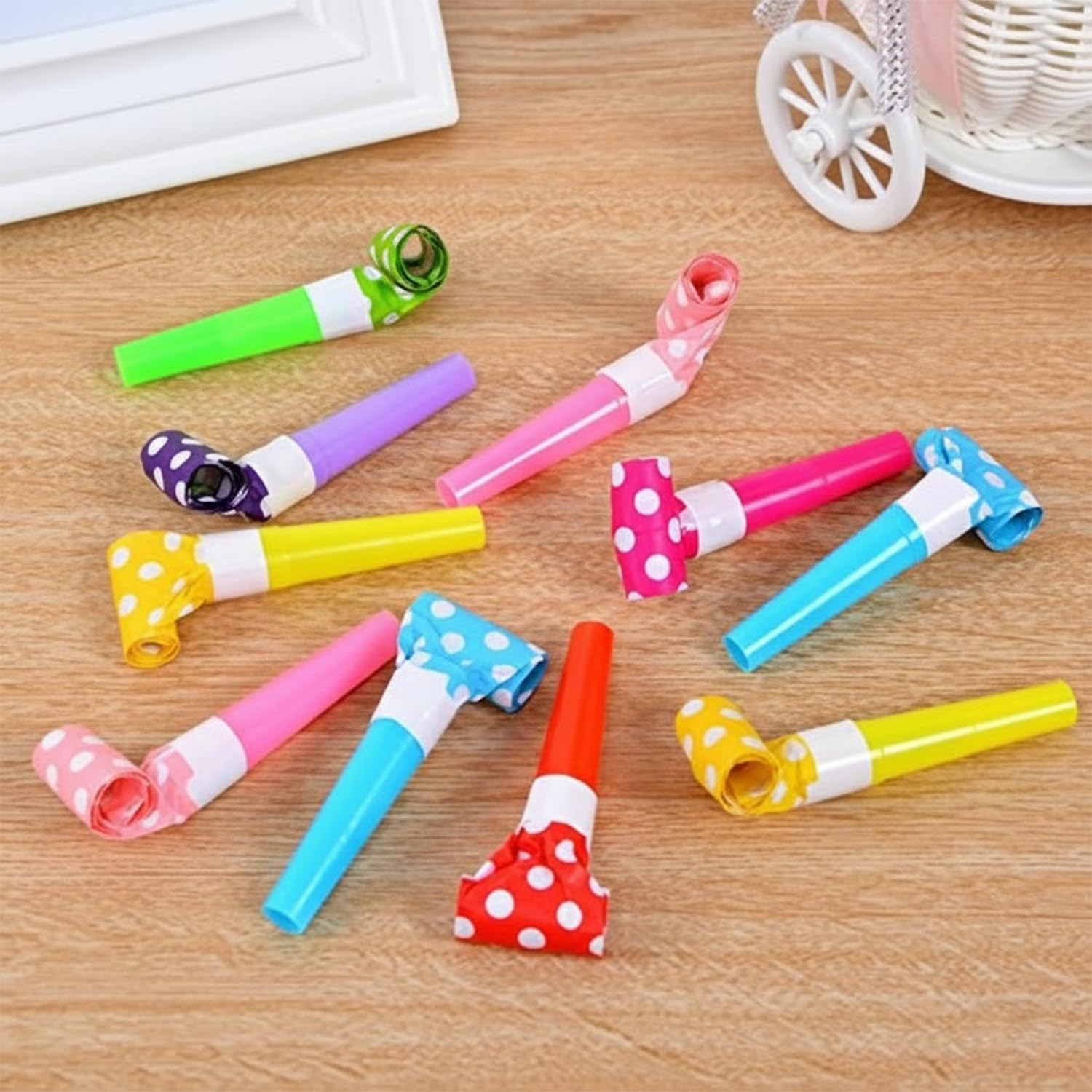 Rozi Decoration® New Colorful Polka Dot Blowouts Paper Blow Outs Noise Makers Whistle Horn Cheering Props Birthday & Kids Party Supplies (Pack of 10, Multi)