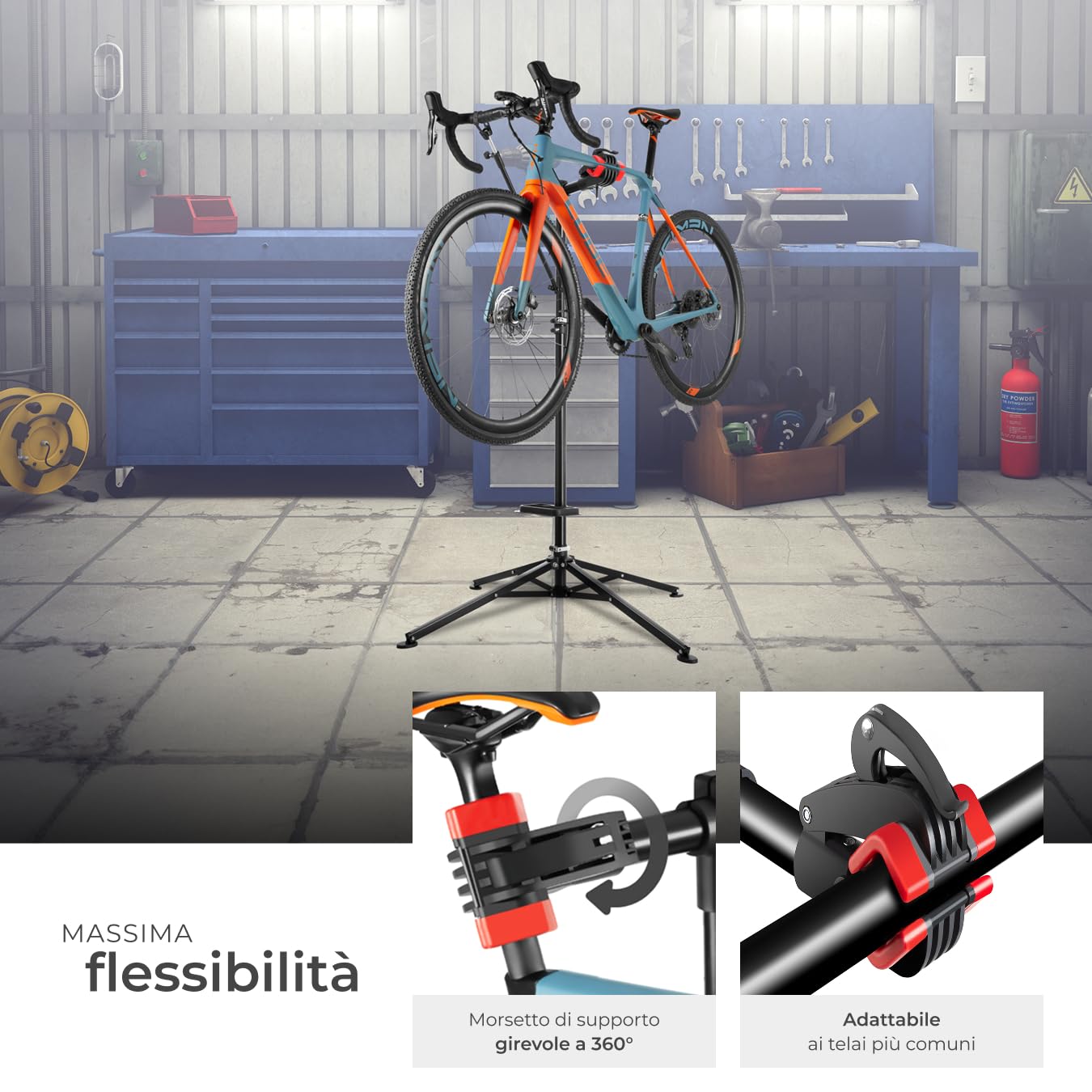tectake® Cavalletto Manutenzione Bici, Cavalletto Supporto per Bicicletta Pieghevole, Girevole 360°, Vasca Utensili Magnetica, Stabilizzatore Ruota Anteriore, Altezza Regolabile, Carico Max 25 kg