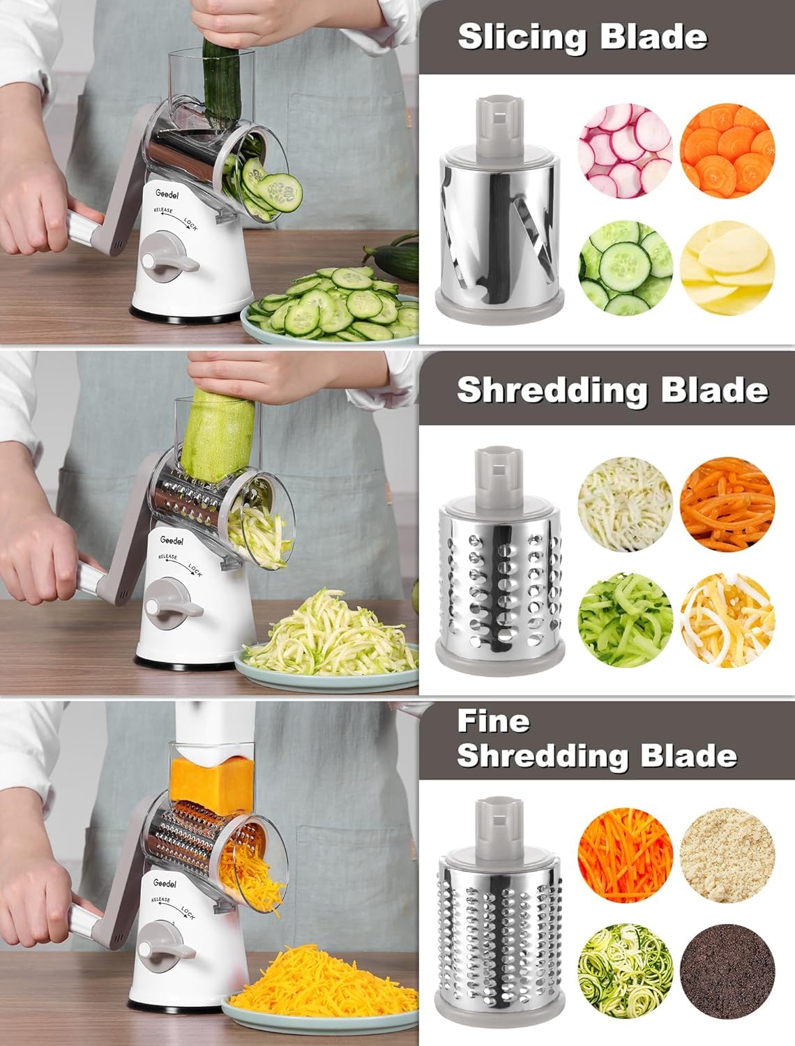 Geedel Rallador de Queso, Rallador de Verduras de Acero Inoxidable con 5 Cuchillas Intercambiables, Cortador Queso para Cortar Queso, Patatas, Pepinos, Fácil de Limpiar, Corte Rápido, Blanco