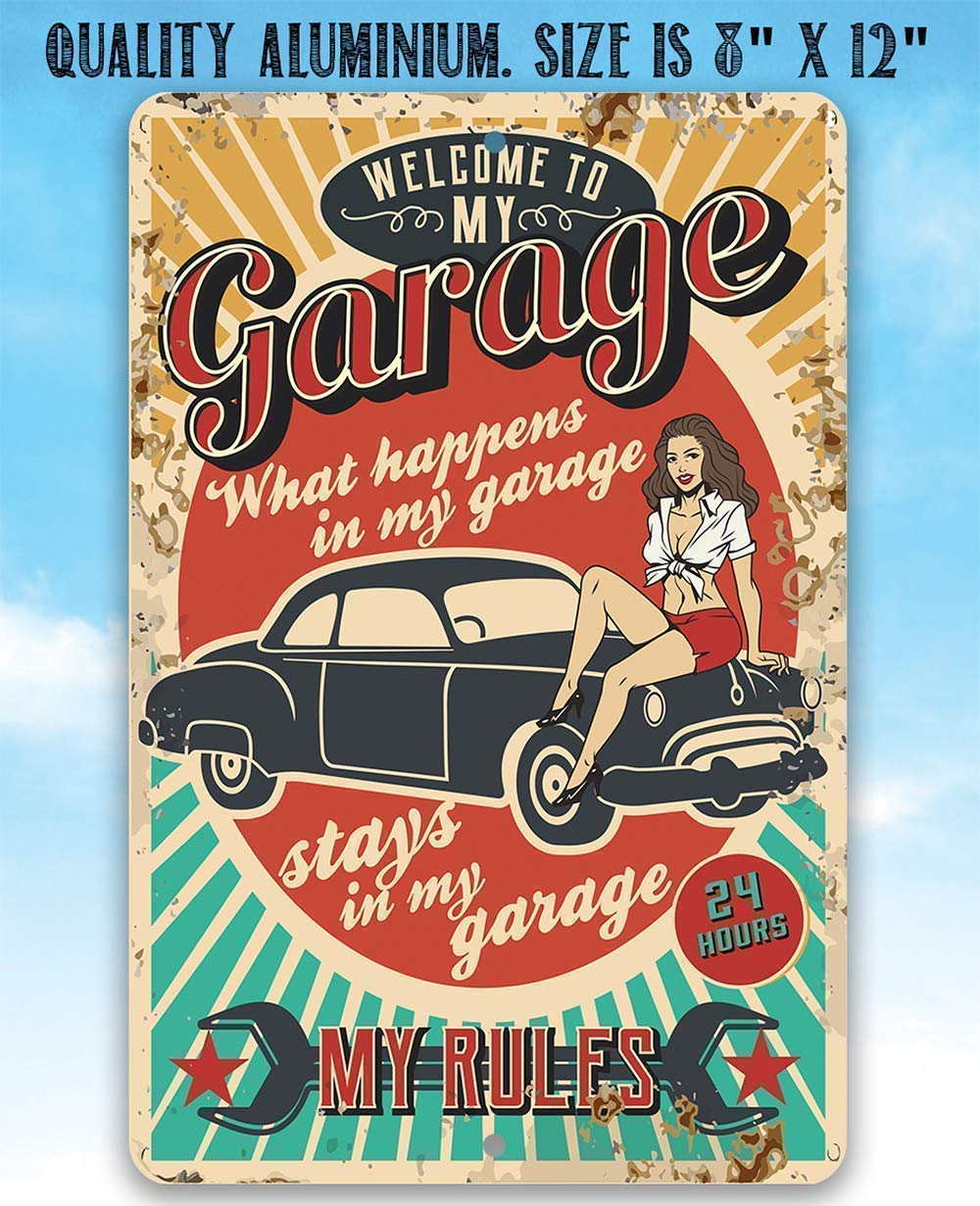 Targa In Metallo Vintage "Welcome! My Garage My Rules" 20x30 Cm - Decorazione Da Parete Per Garage E Caffetteria