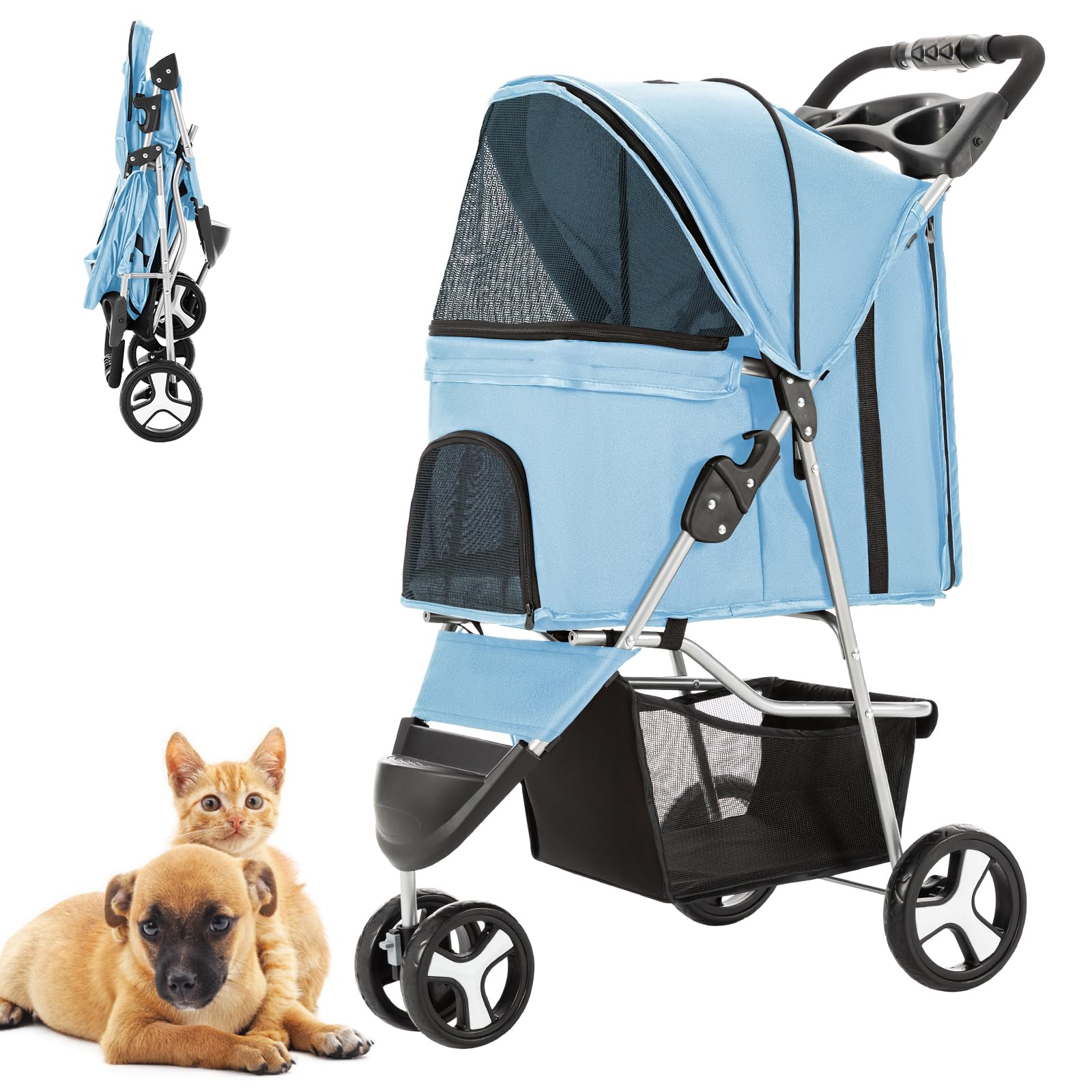 Pet Stroller for Medium Small Dogs and Cats, One-Hand Folding Portable Travel Cat Dog Stroller with Storage Basket and Cup Holder, 3 Wheels, Light Blue