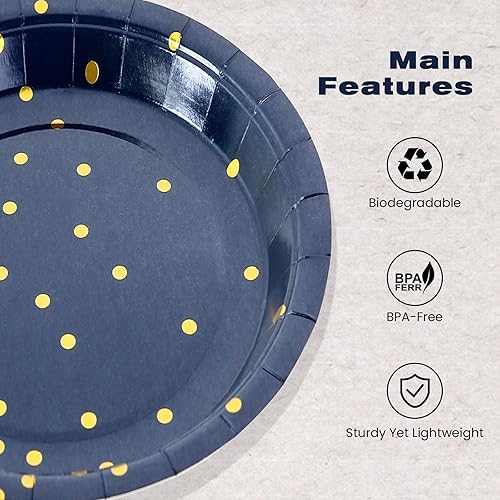 Miniatura 3 de Paquete de 50 platos de papel azul oscuro y dorado, de 7 pulgadas, con lunares metálicos, desechables, para fiesta de postre, platos para