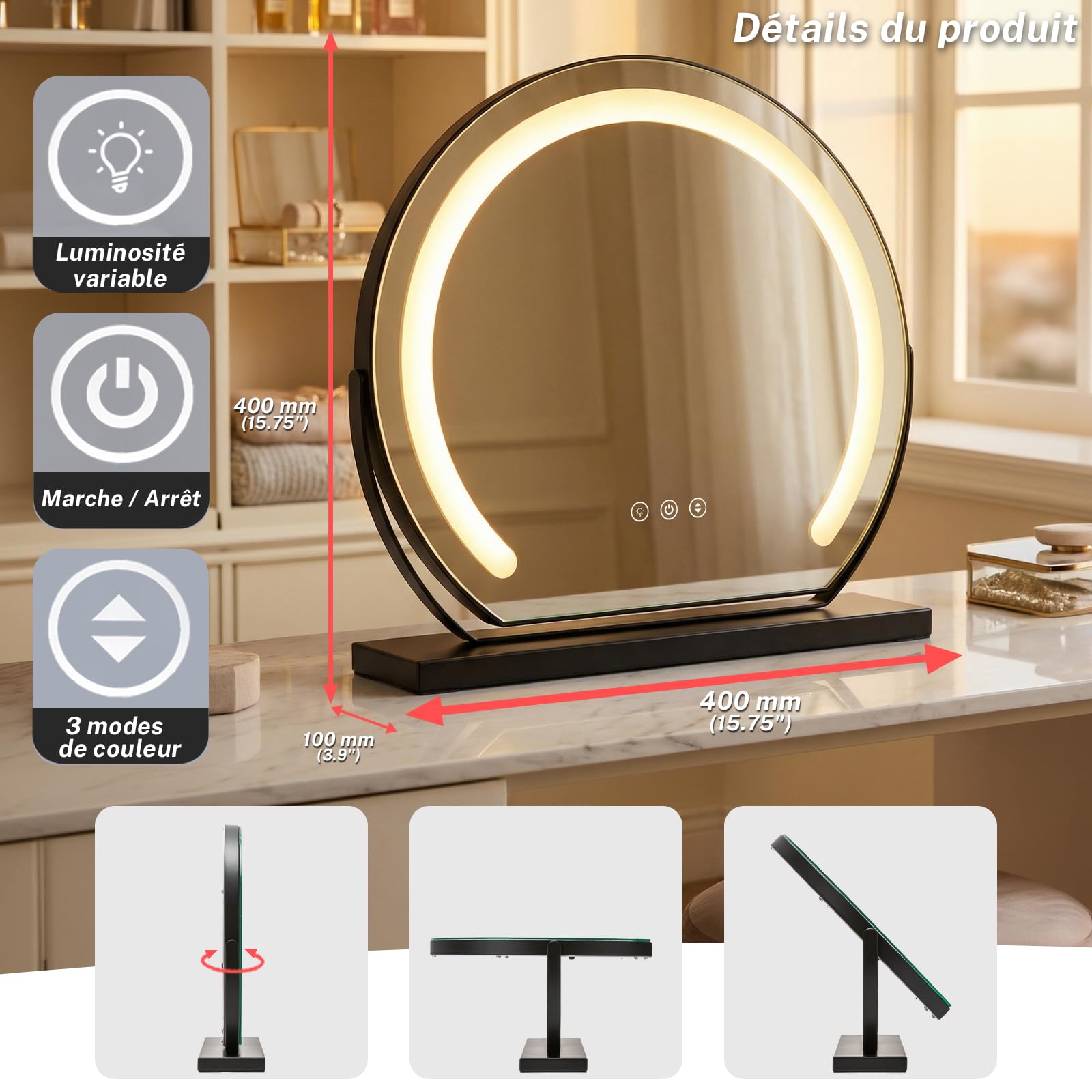 Miroir Maquillage Lumineux Rond 40cm, LED Miroir Coiffeuse cosmétique éclairé Coiffeuse, 3 températures de Couleur Touche Contrôle Tactile Luminosité Réglable Angle réglable, Plug & Play