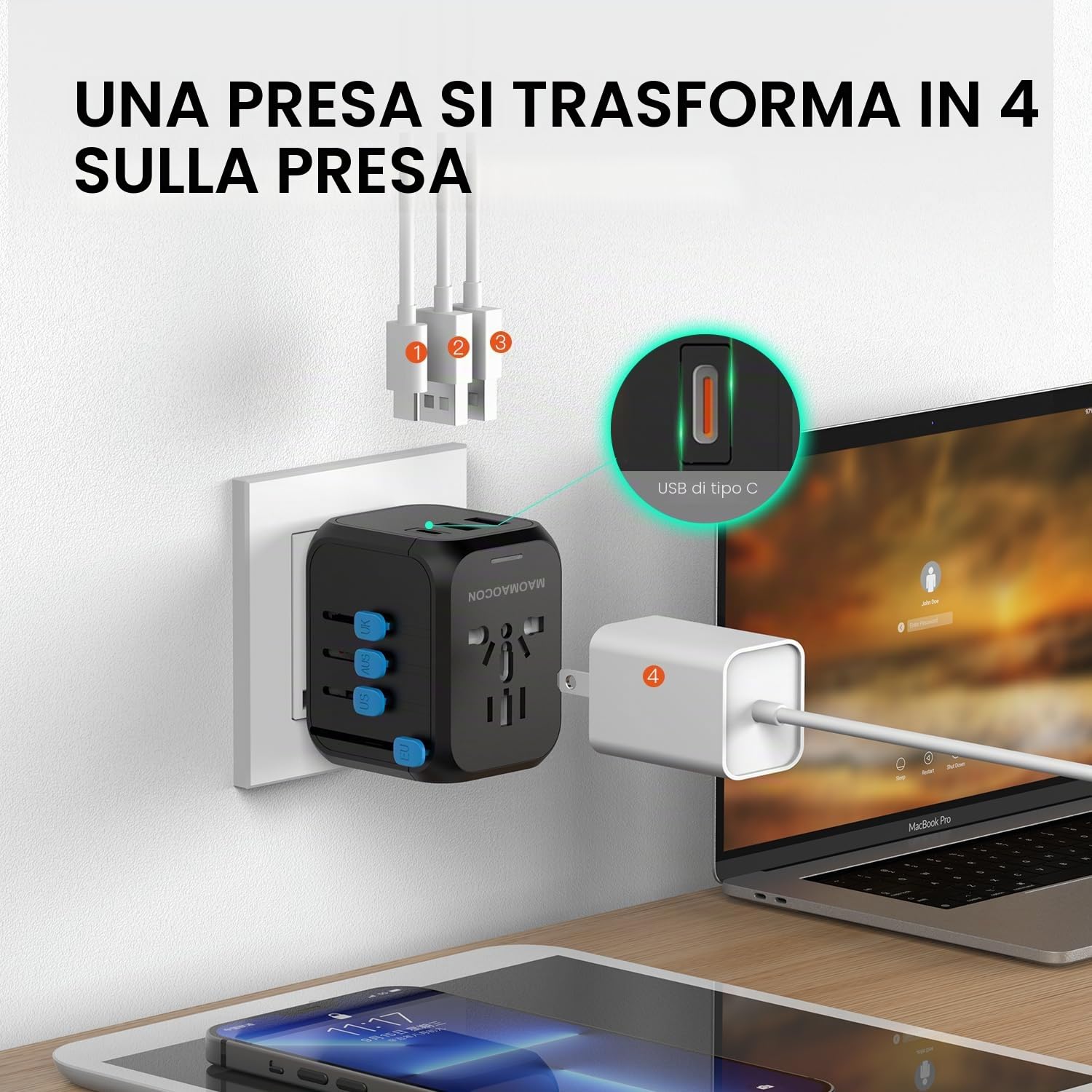 MAOMAOCON Adattatore da viaggio universale da viaggio con PD20 W — immagine 5 di 10