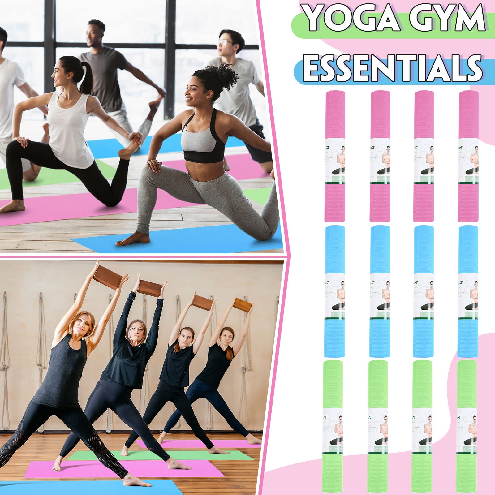 12 alfombrillas de yoga a granel de 68 x 24 x 0.12 pulgadas, alfombrillas de ejercicio antideslizantes para mujeres y hombres, entrenamiento en casa, gimnasio, yoga (verde, rosa, azul claro)