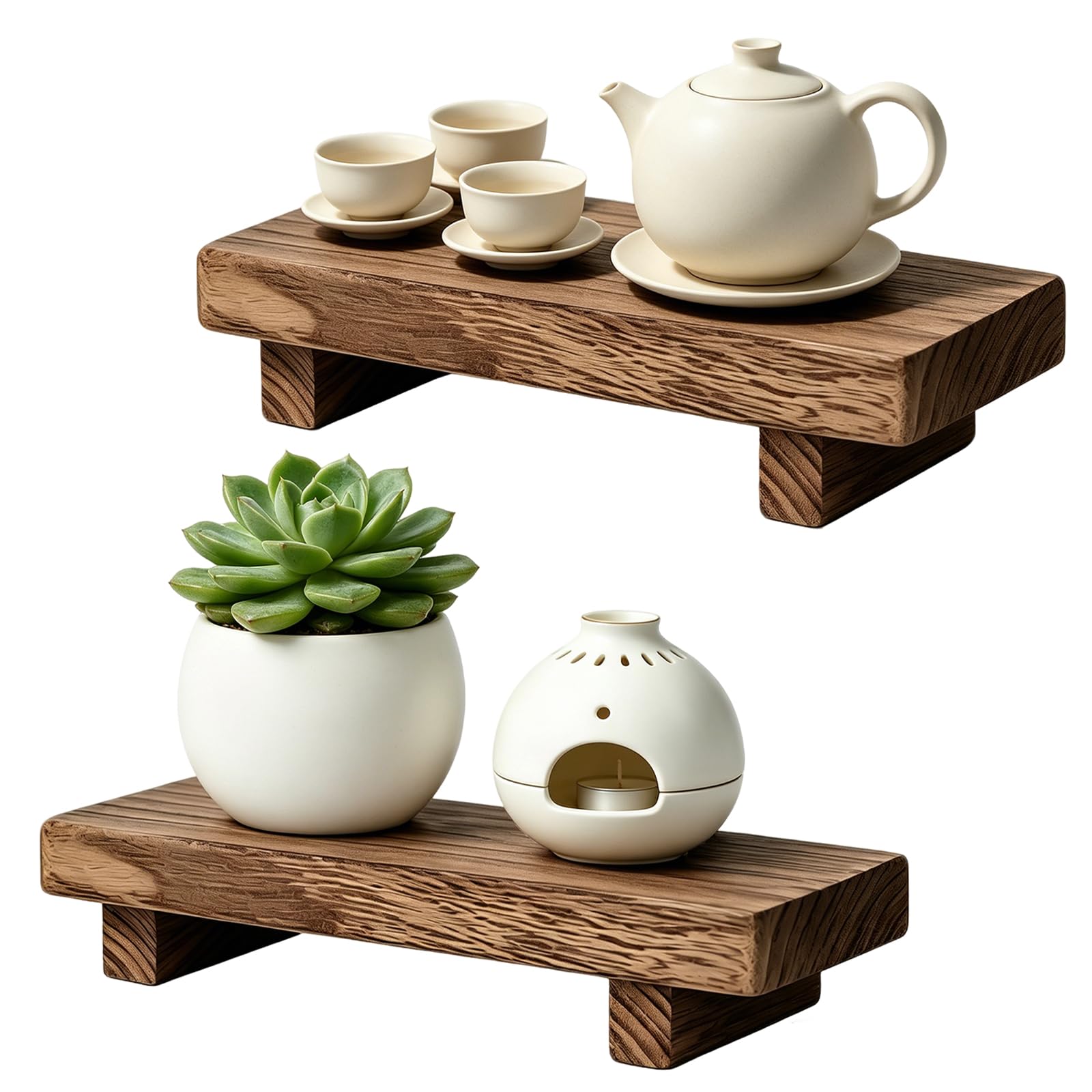 Lyspbao Brown 2 Pcs Small Wooden Tray Pedestal Stand, Farmhouse Bathroom Decor Riser, Kitchen Soap Dish Holder For Vanity Counter Sink, 23 X 15 X 3.8 Cm