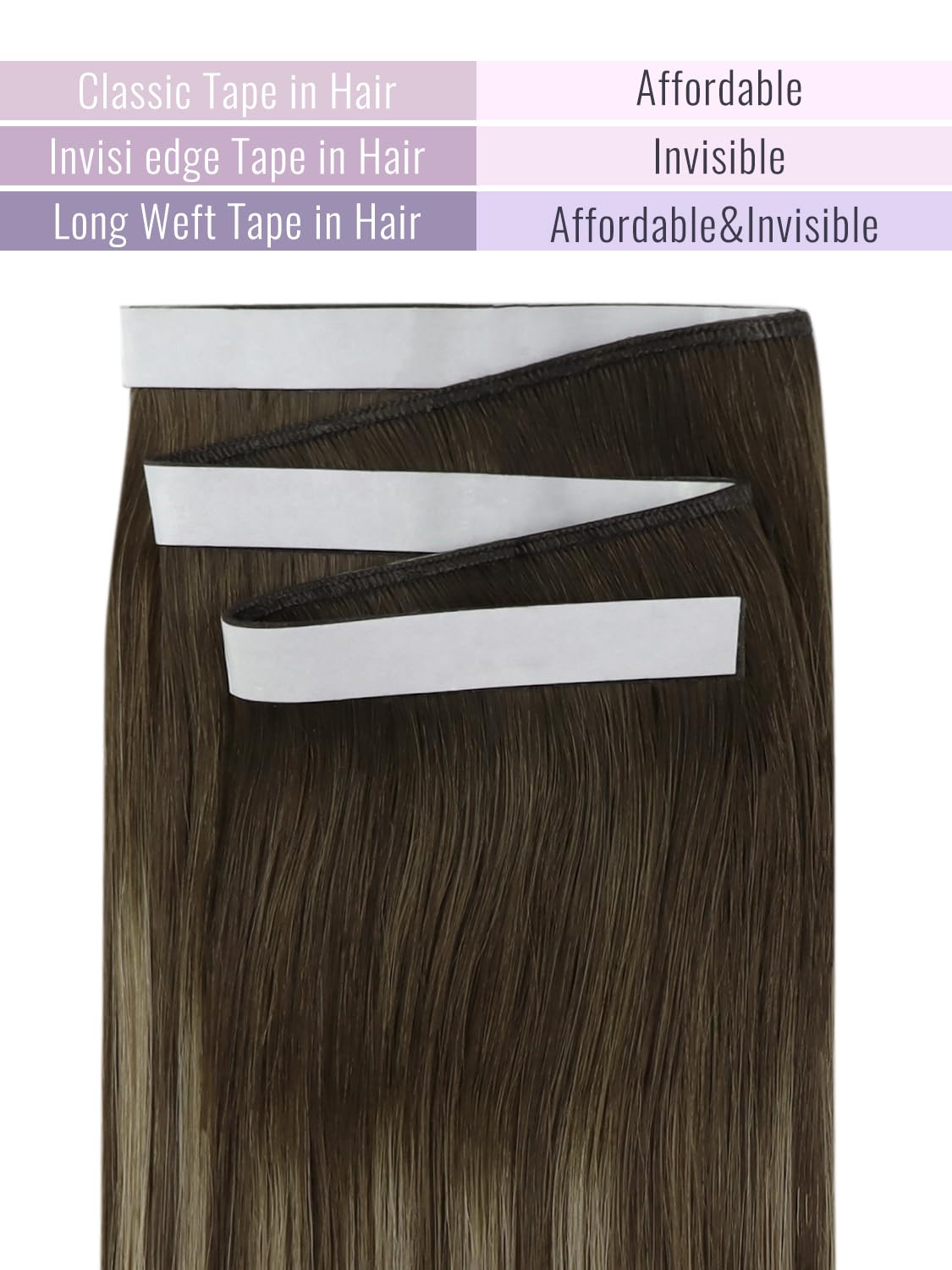 Fshine Tape in Weft Hair Extensions Human Hair, Remy Soft Silky Texture Tape in Weft, 4/24/4 Medium Brown with Light Blonde Highlights 18 Inch 50 G, Perfect for Natural Daily Styles