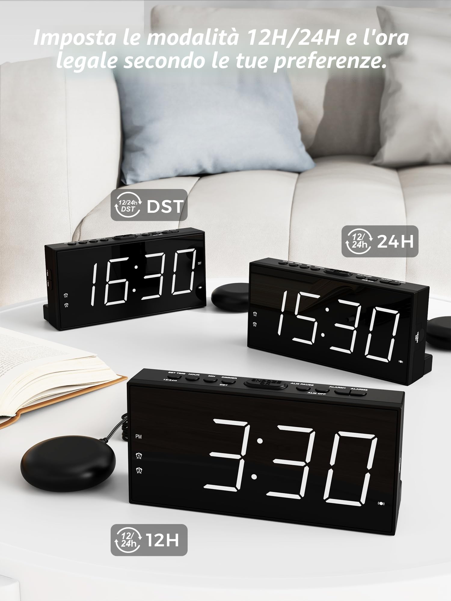 Sveglia A Vibrazione Per Non Udenti, Con Problemi Di Udito, Che Dormono Pesantemente, Vecchio, Sveglia Digitale, Doppio Allarme, Porta Usb, Ampio Display Luminoso, Snooze/Posticipa, 12/24 Ore Dst
