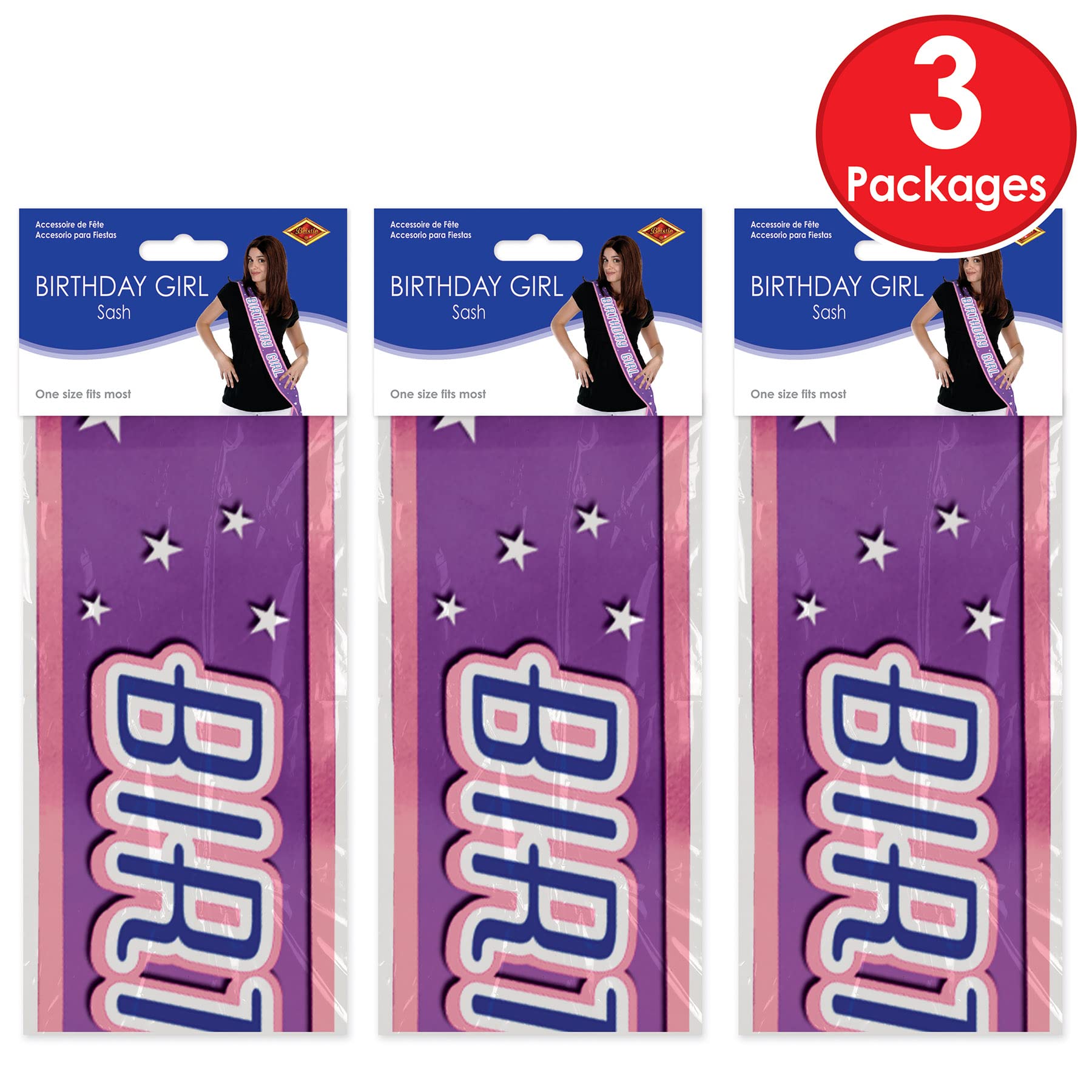 Beistle S60181AZ3 Schärpen für Mädchen, Satin, 3 Stück Partyzubehör, Stoff, Violett/Rosa/Weiß/Blau