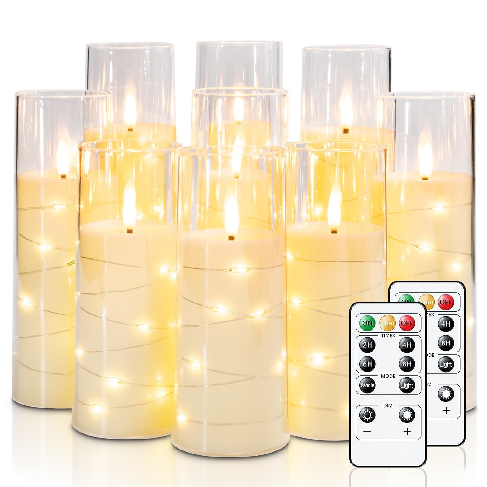 Homemory Candele tremolanti senza fiamma con catena luminosa, candele alimentate a batteria con telecomando e timer, luci a LED, in acrilico, decorazione per la casa, bianco, set da 9