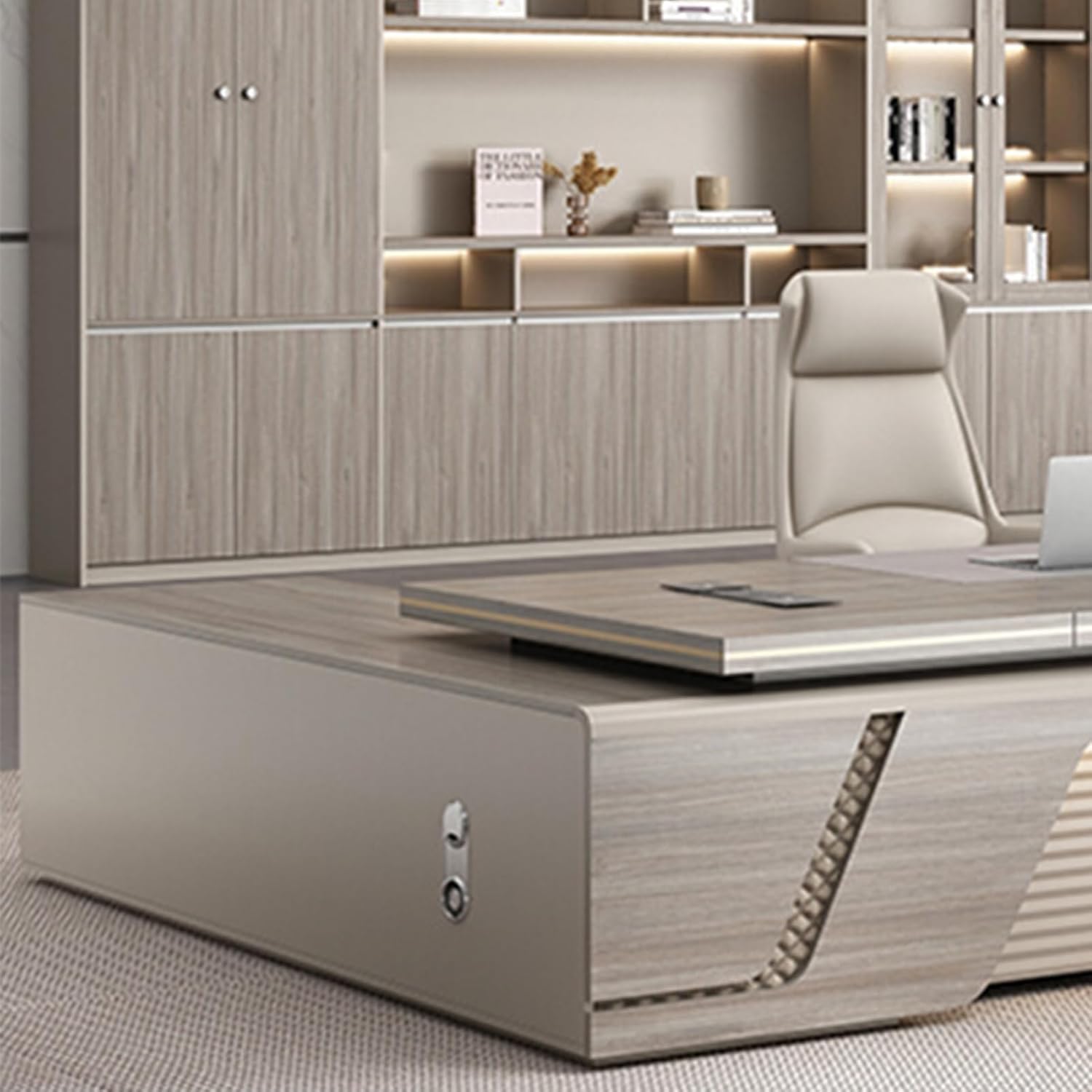 Grey L Shaped Computer Desk, Executive Office Desk with File Cabinet Writing Study Table Business Furniture Set for CEO Boss