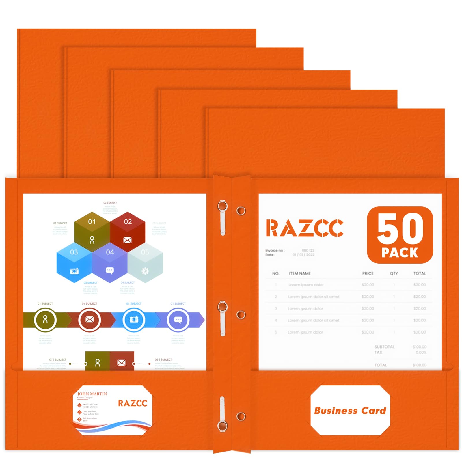 Two Pocket Folders, RAZCC 50 Pack Two Pocket Folders with Prongs, 3 Prong Folders Fit Letter Size Paper, Pocket File Folders for School Office Home