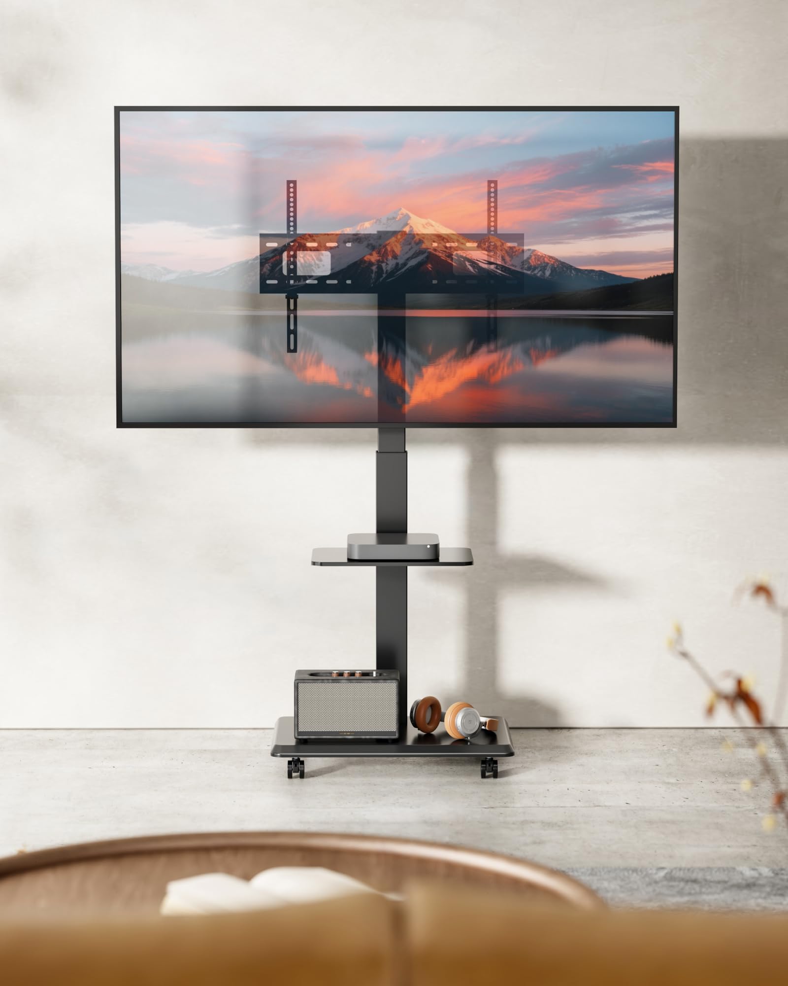 TV Ständer Rollbar aus Stahl für 37-75 Zoll Fernseher bis zu 50kg, Schwenkbar Fernsehständer Höhenverstellbarer mit Ablage, TV Bodenständer mit Versteckter Kabelverwaltung, VESA 600 x 400mm