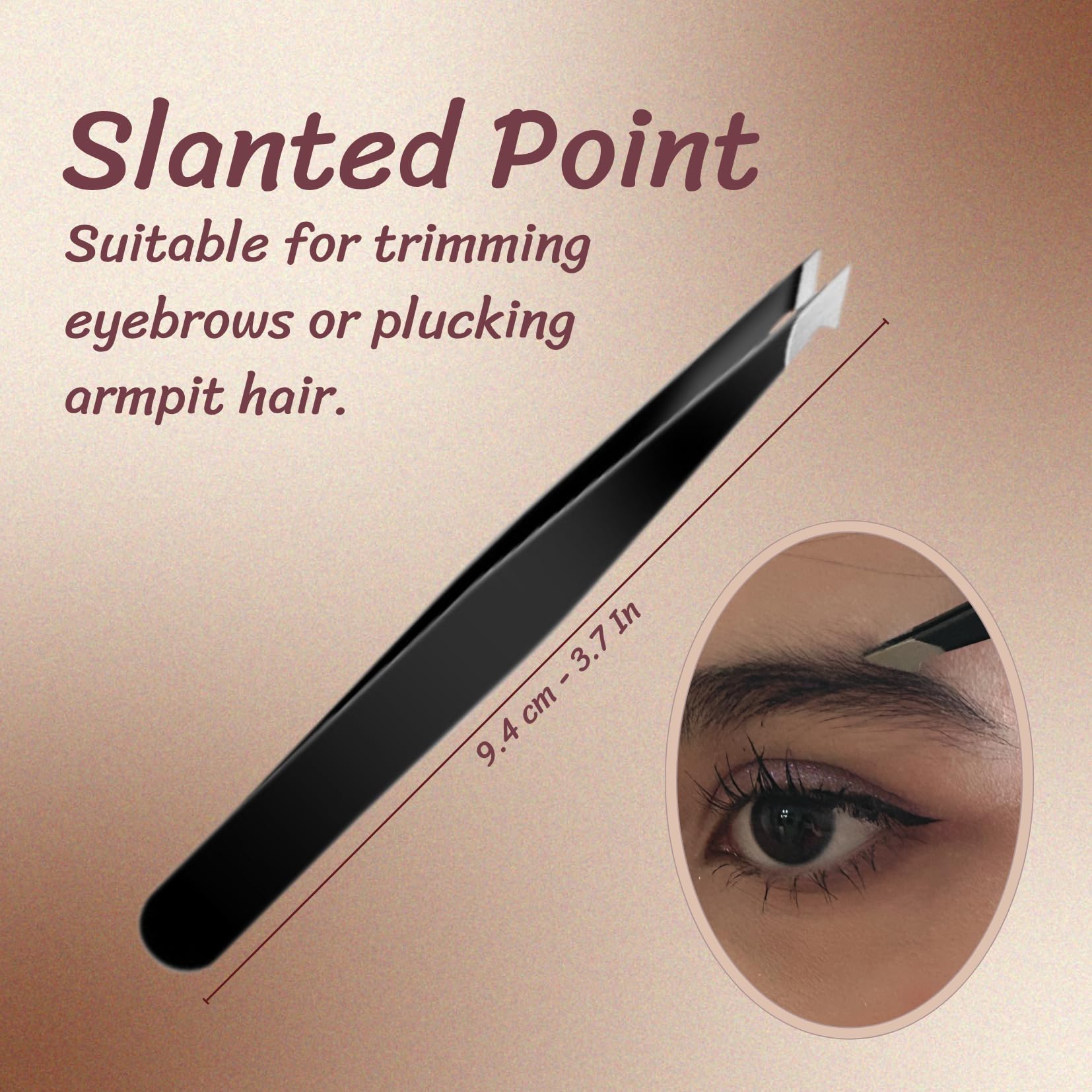 Pinzas de cejas para mujer: pinzas puntiagudas, pinzas inclinadas y pinzas astilladas. Pinzas de precisión para cabello facial de mujer. Juego de 4 pinzas para cejas. (pinzas negras)