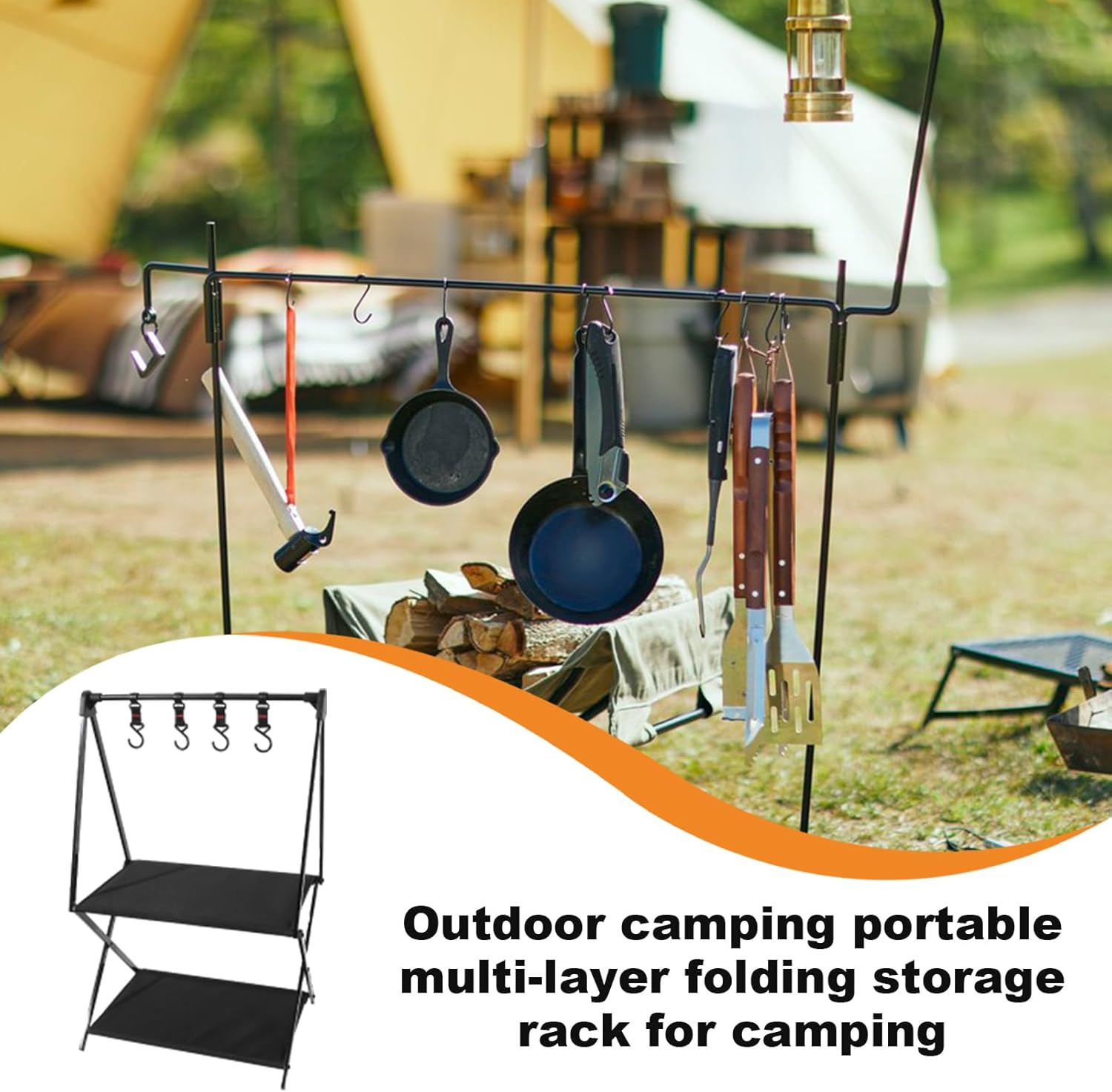 awakentti Folding Shelf Storage Rack, 2-Tier Storage Shelf Racks and Shelving Organizer with 4 Hooks, Portable Collapsible Aluminum Alloy Storage Rack for Kitchen Camping Picnic BBQ Indoor Outdoor