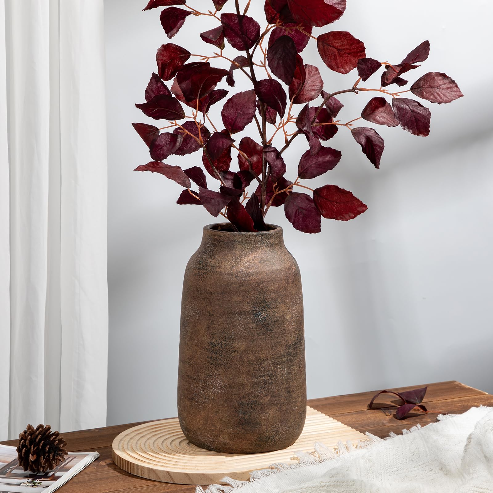 Briful Vase en céramique de 28 cm de haut pour fleurs, vases rustiques en bronze avec ouverture de 10,2 cm, grand vase à fleurs pour pampa, plantes sèches, fleurs fraîches, décoration d'intérieur et