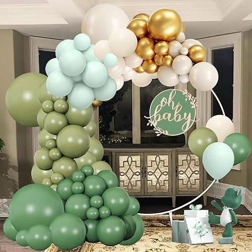 Kit de guirnalda de arco de globos verde salvia, 141 piezas verde salvia, verde oliva, verde polvoriento, blanco, arena y globos dorados metálicos