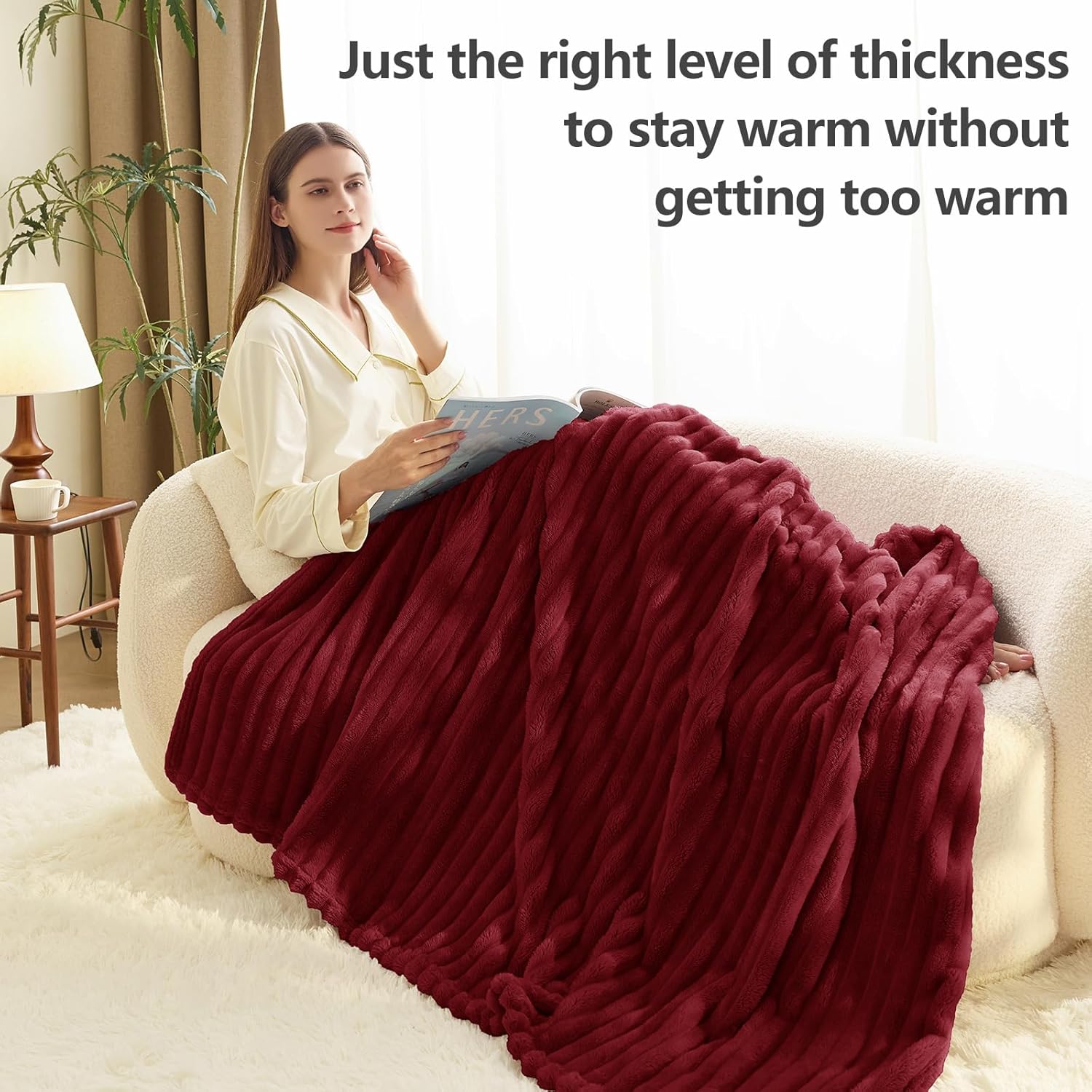 HIMEET Deep Red Ribbed Throw Blanket for Couch - 300GSM Lightweight Soft Fleece Blanket for Women, Cozy Blankets for Mothers Gifts, Striped Spring Home Room Decor, Deep Red, 50x60 Inches