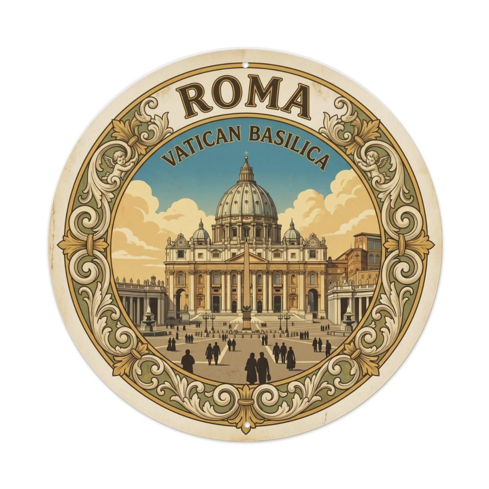 Vintage Travel Cathedral Rome Basilica Metal Tin Sign Plaque Wall Decor for Cafe, Club Bar, Office, Home Garden Round Metal Poster 8x8Inch