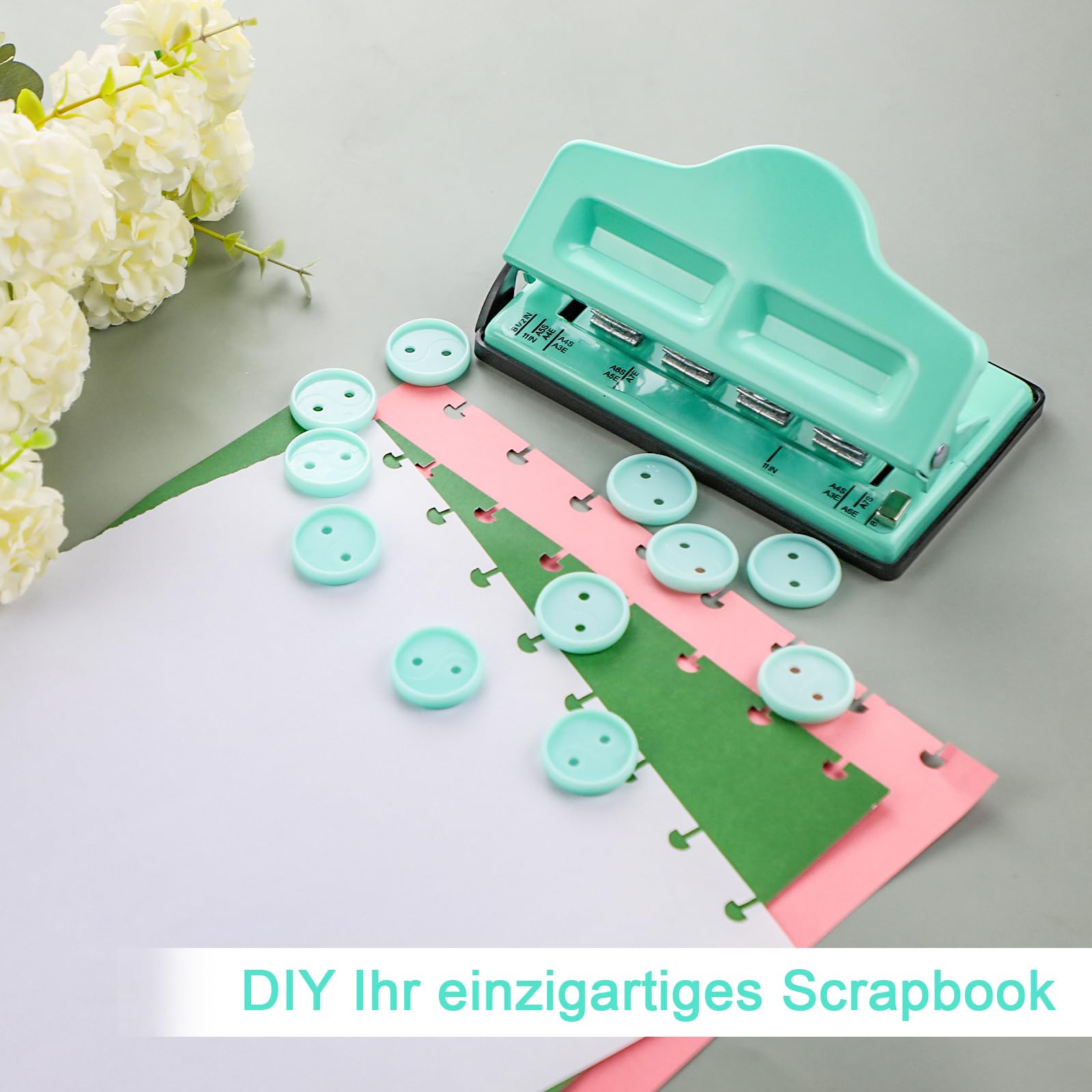 Perforatrice per funghi, regolabile con 4 fori, foratrice con 11 dischi per rilegatura, planner felici, fustellare la propria carta, quaderni (verde)