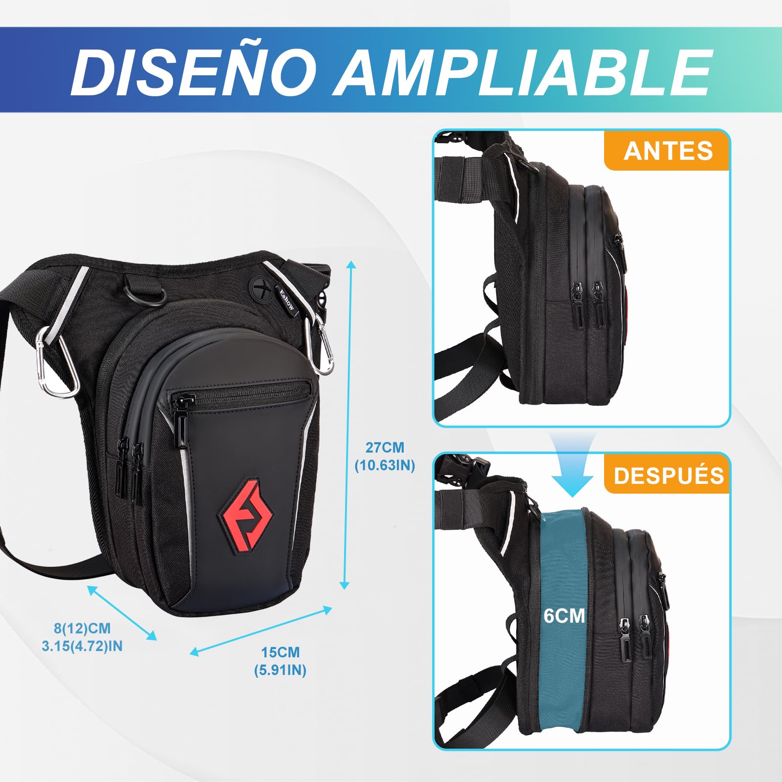 Eshow Pernera Moto Ampliable, Bolsa Pierna con Correas Ajustables y Tira Reflectante para Hombre y Mujer, Riñonera para Viajes Senderismo Ciclismo Montañismo Trabajo Deporte Negro