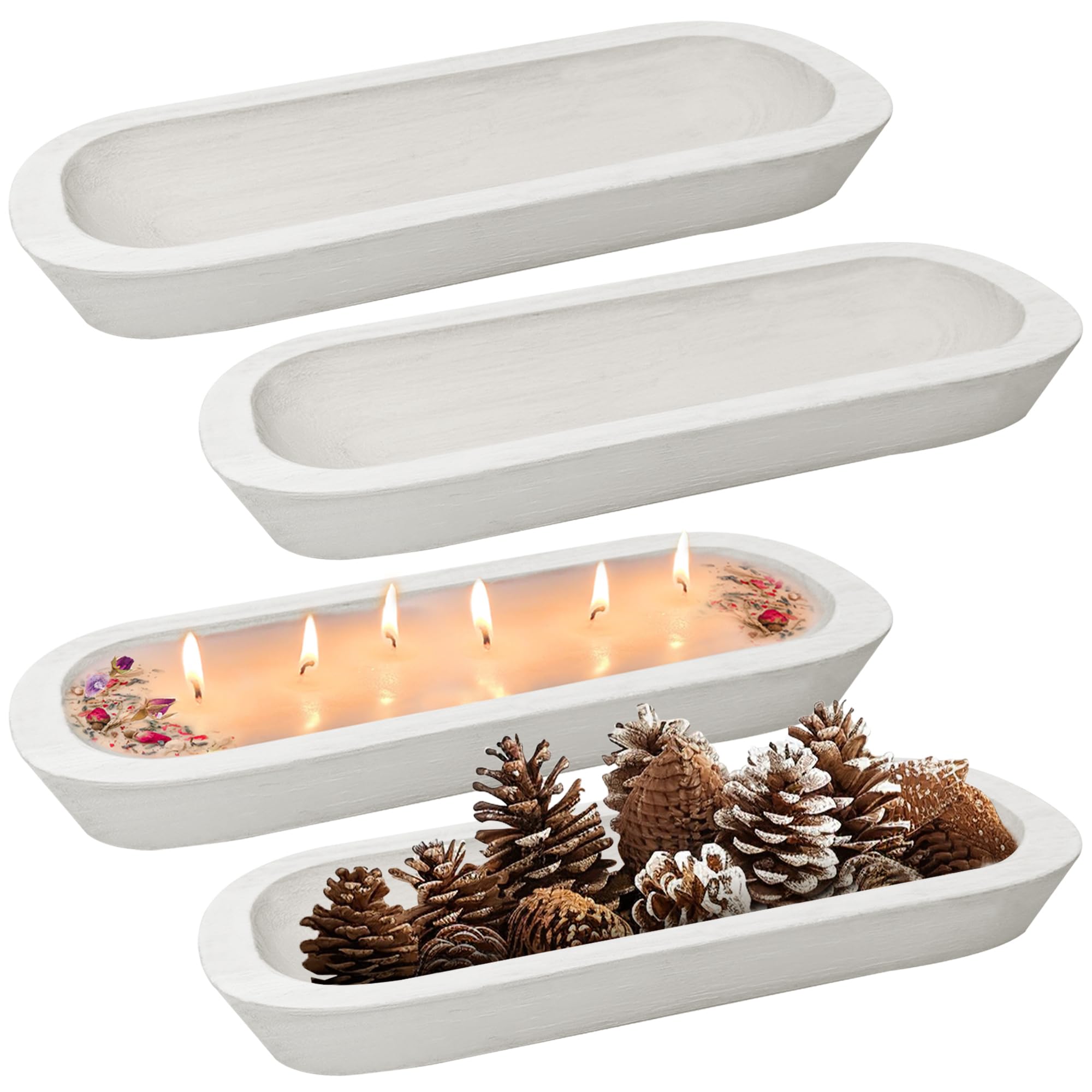 Royxen 4 Pack Dough Bowl for Candle, Wooden Dough Bowls Paulownia, Rustic Bowl Vintage, Bowls for Candle (White, 14.5 x 6 Inches)