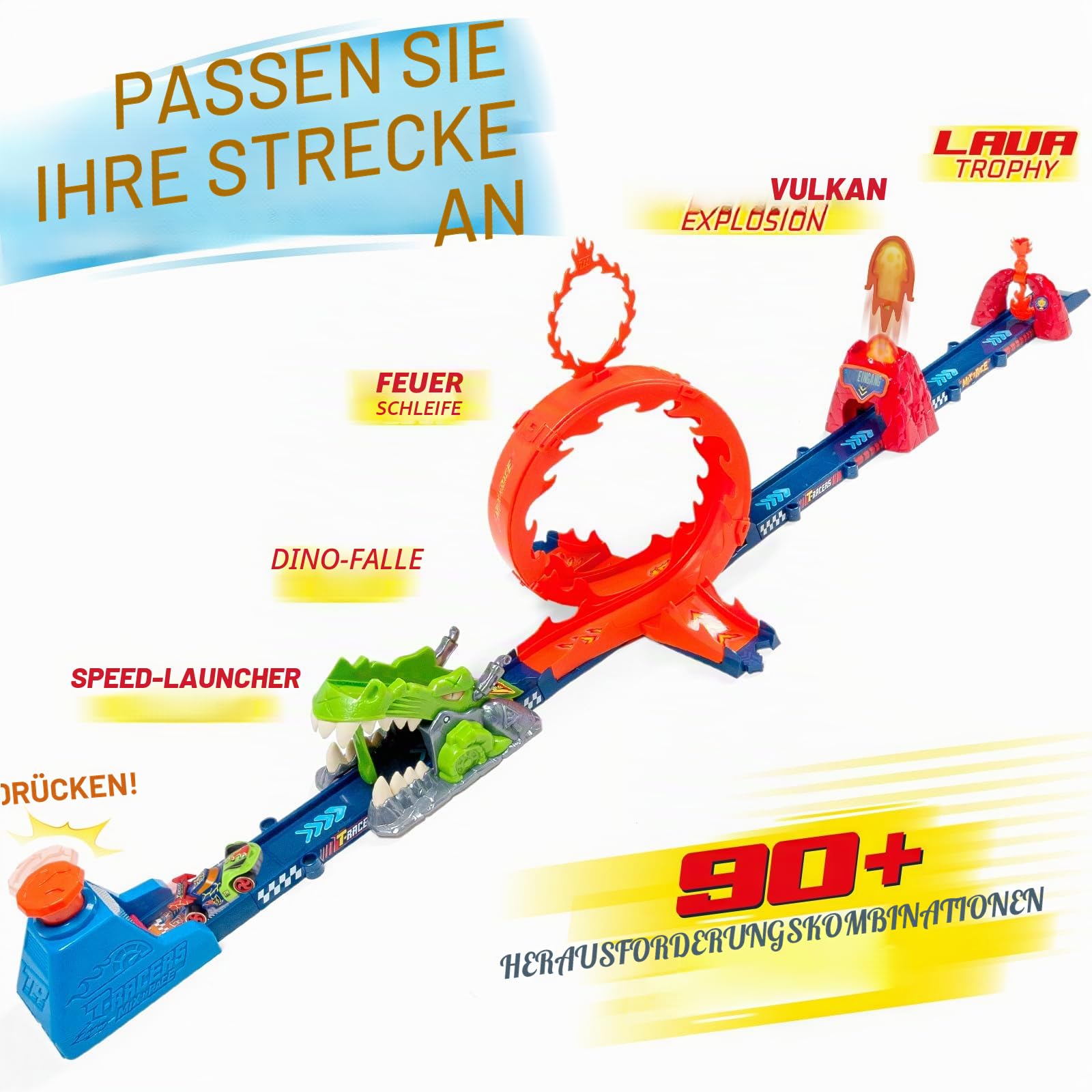 T-Racers Mix 'N Race Volcanosaurus Piste für Spielzeugautos, enthält 1 Auslöser, 3 Pisten, 1 Exklusives Nitro Rex Auto und 4 Stunts