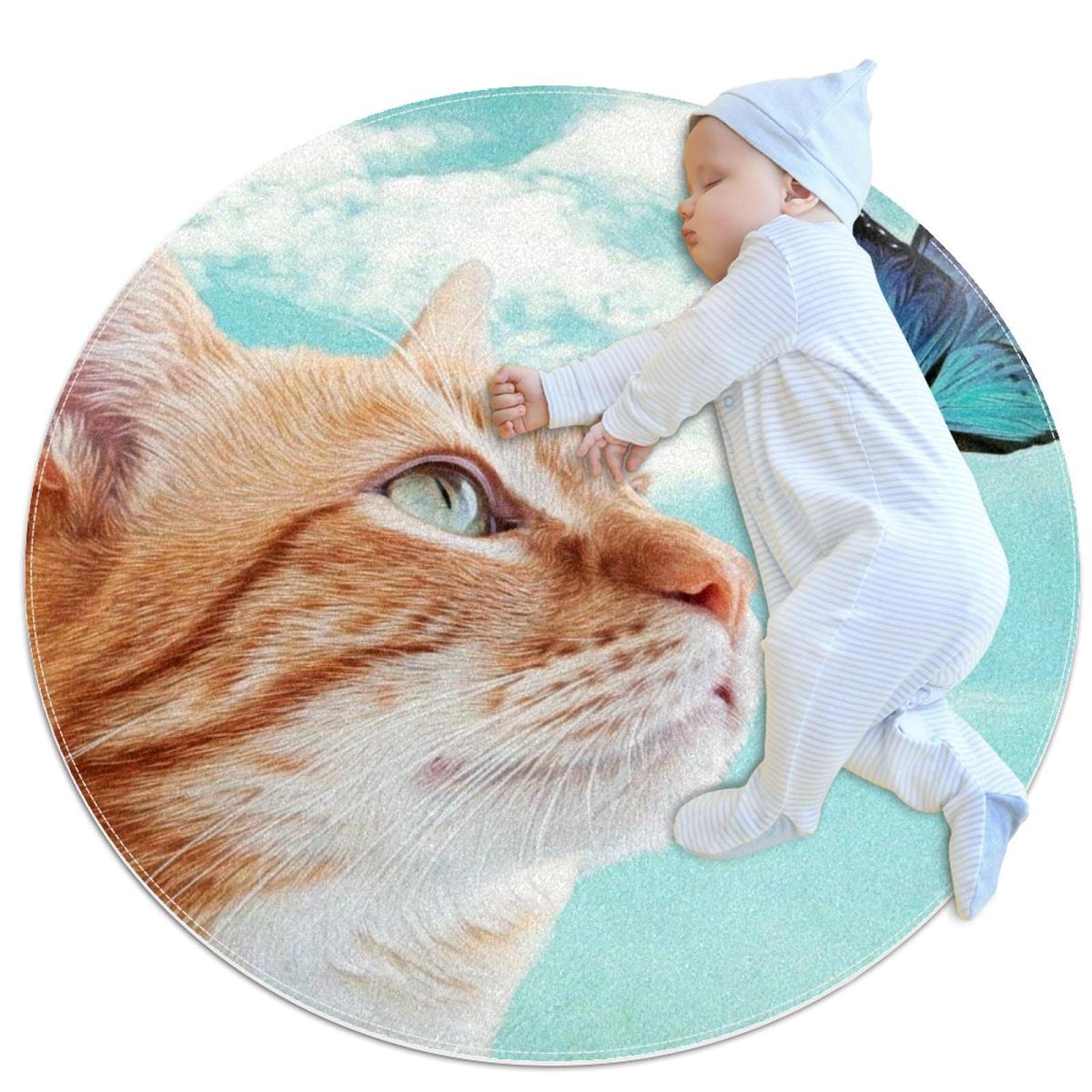Alfombra gato y mariposa azul de juego para niños alfombra redonda de 80x80cm para dormitorio