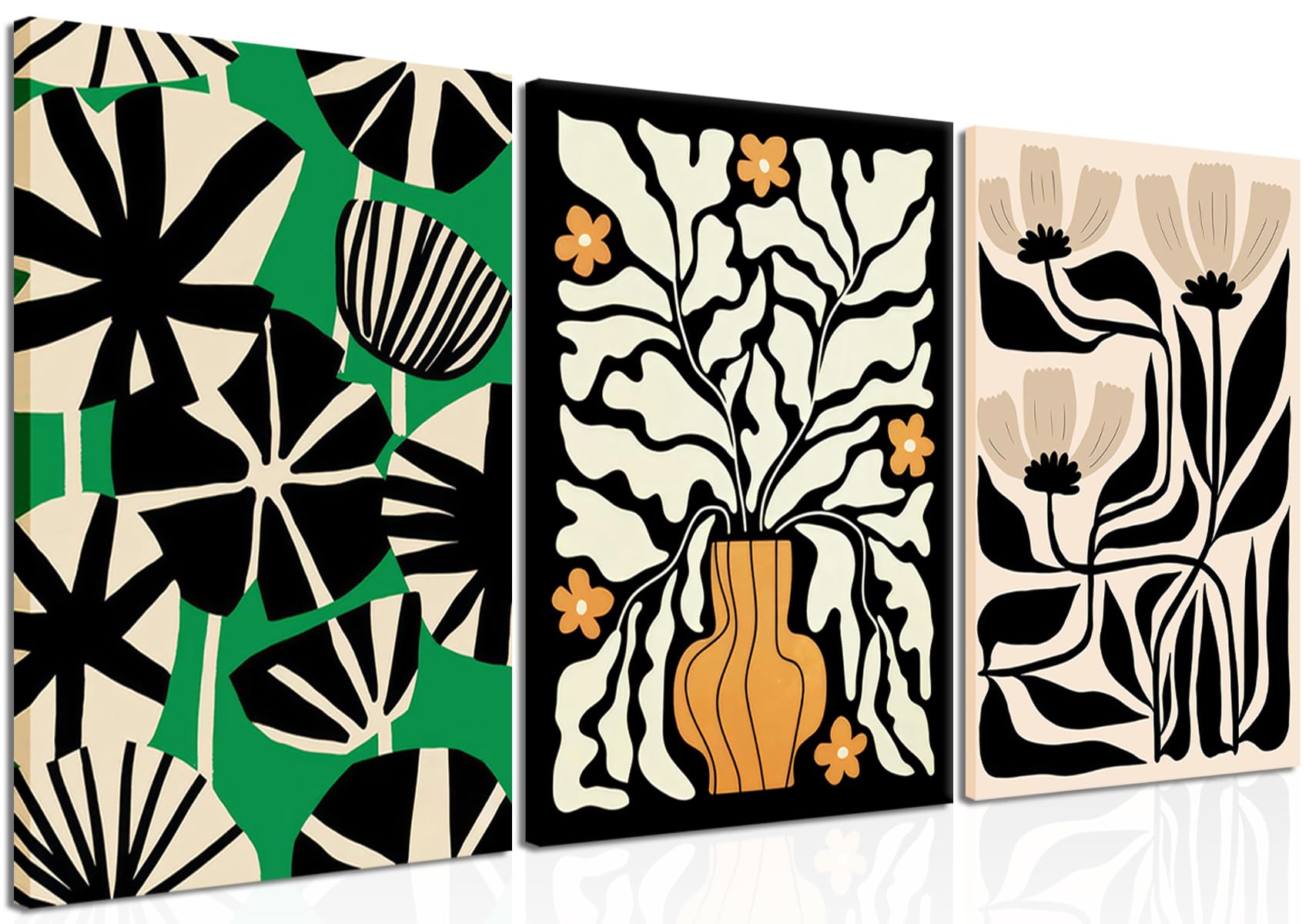 Abstract Minimalist Canvas Wall Art Set of 3 - Modern Green Black and Beige Geometric Print Poster, Painting Aesthetic Wall Decor for Living Room, Bedroom, Office - Framed 16x24 Inches